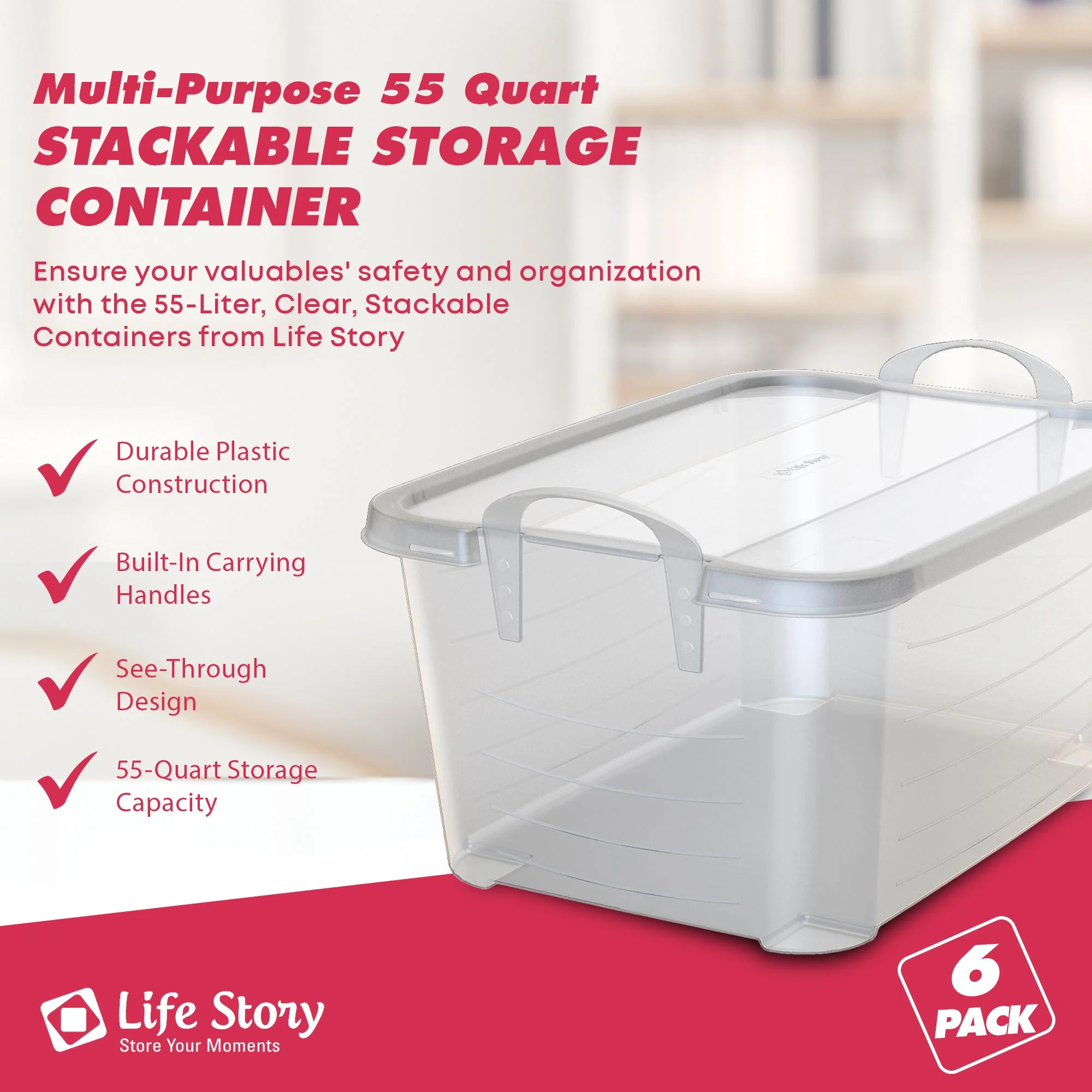 Life Story 55 Quart Stackable Storage Bin, Light Duty Container, Clear, 6 Pack - Image 2