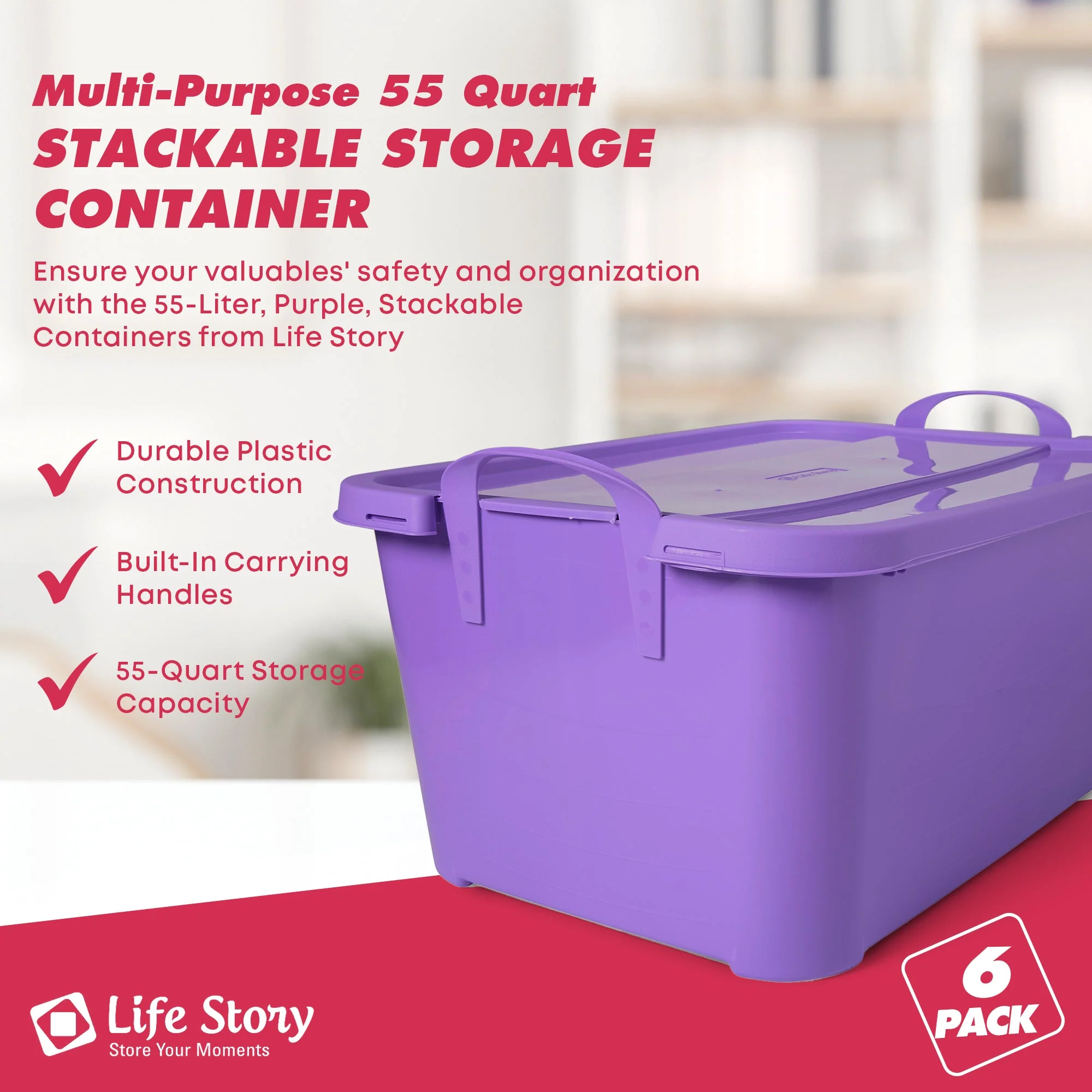Life Story 55 Quart Stackable Storage Bin, Light Duty Container, Purple, 6 Pack - Image 3