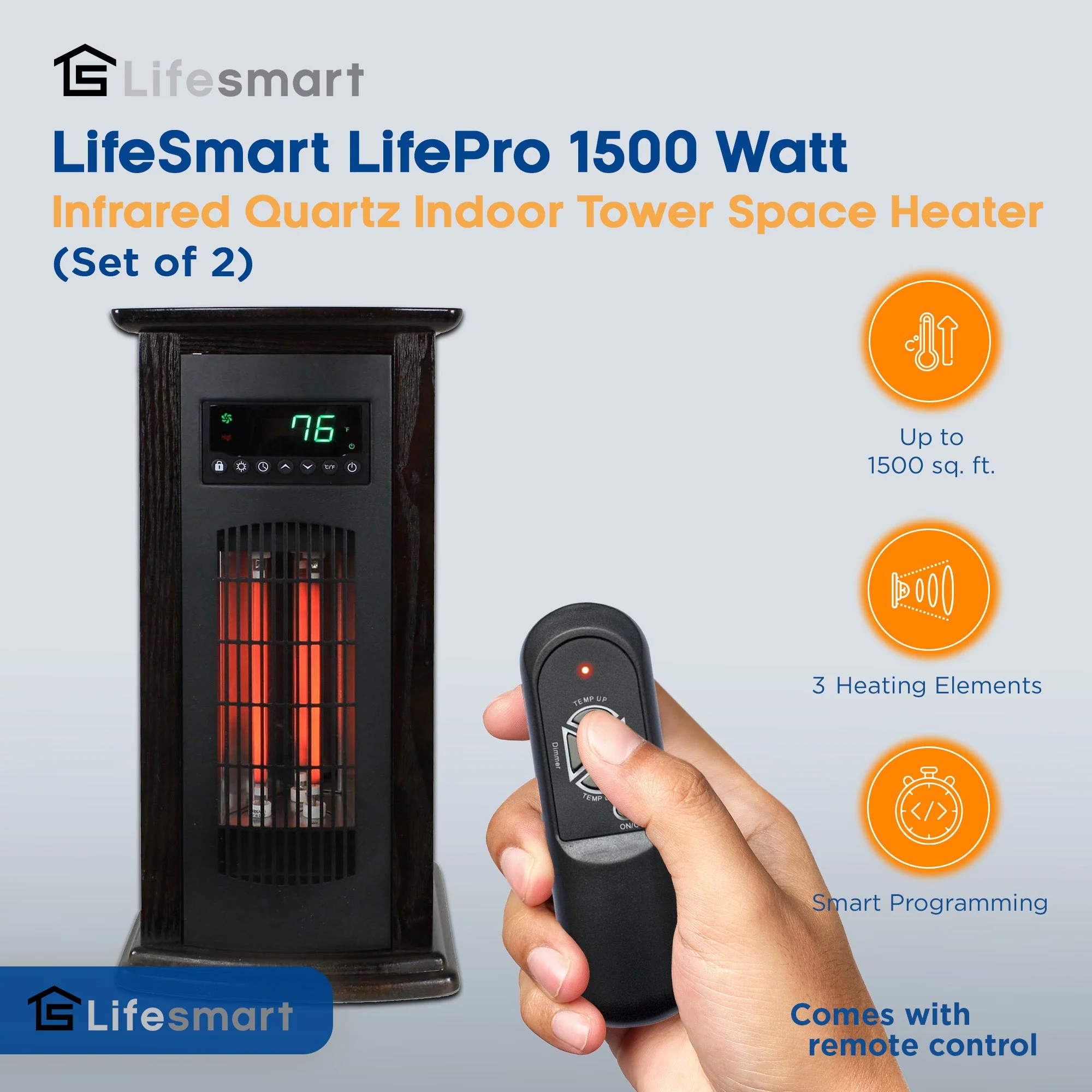 LifeSmart LifePro 1500W Infrared Quartz Indoor Tower Space Heater, Black (2 Pk) - Image 2