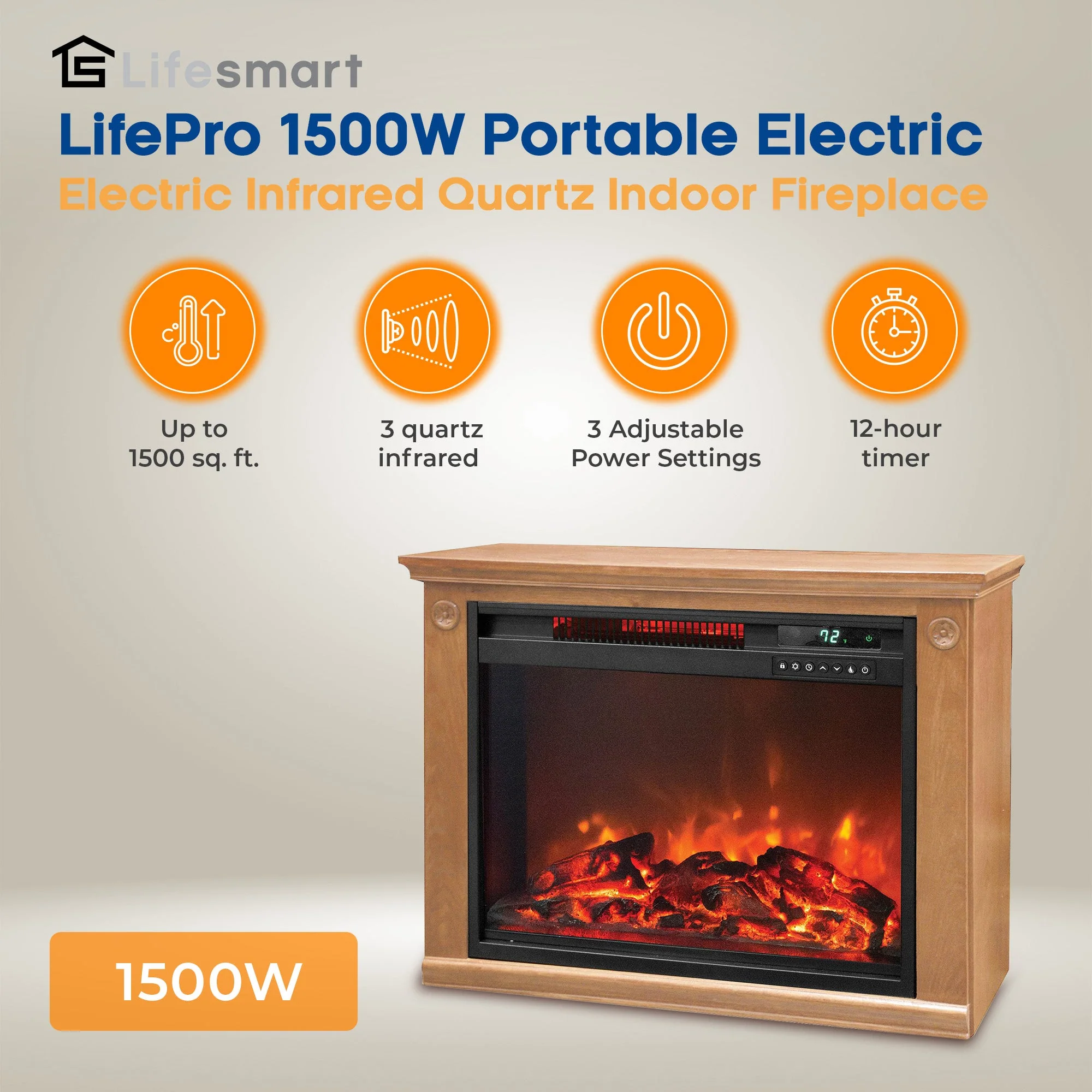 LifeSmart LifePro 1500W Portable Electric Infrared Quartz Indoor Fireplace - Image 2