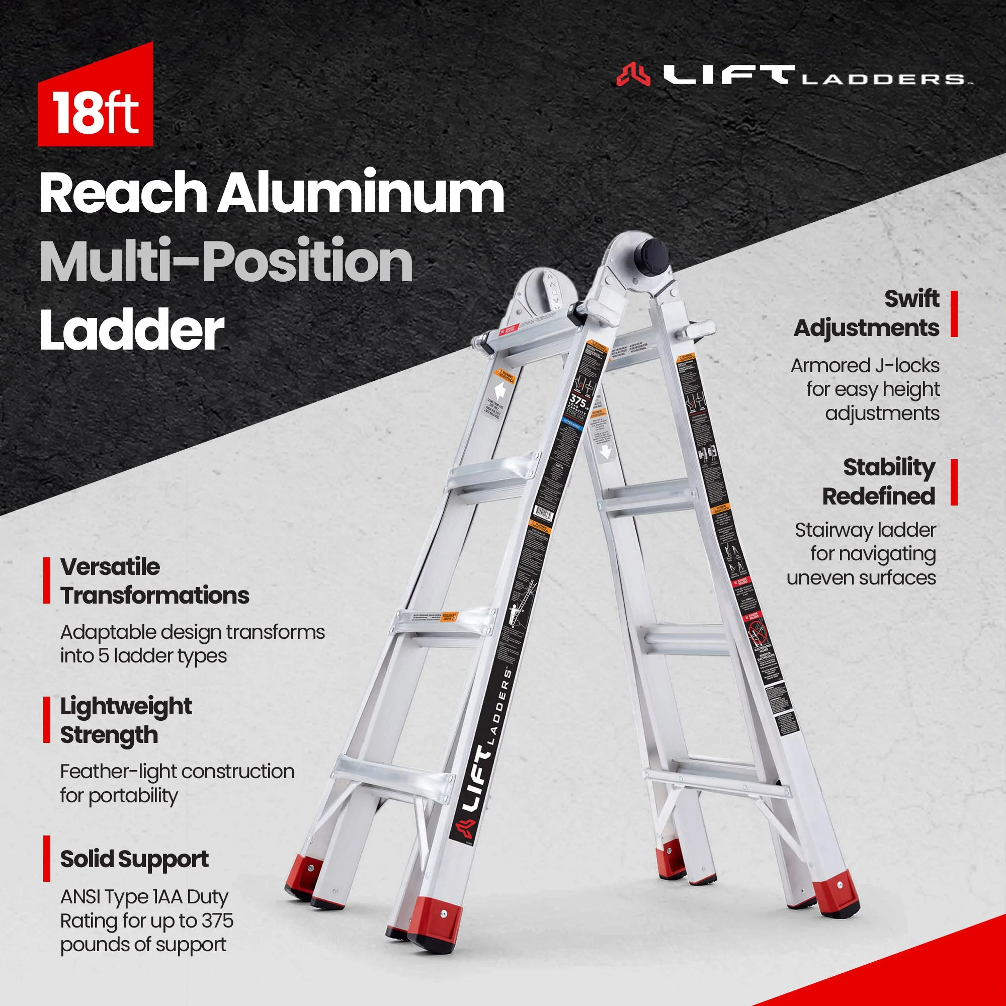 Lift Ladders 18 Foot Reach 5 in 1 Multi Position Aluminum Step Ladder, Silver - Image 2