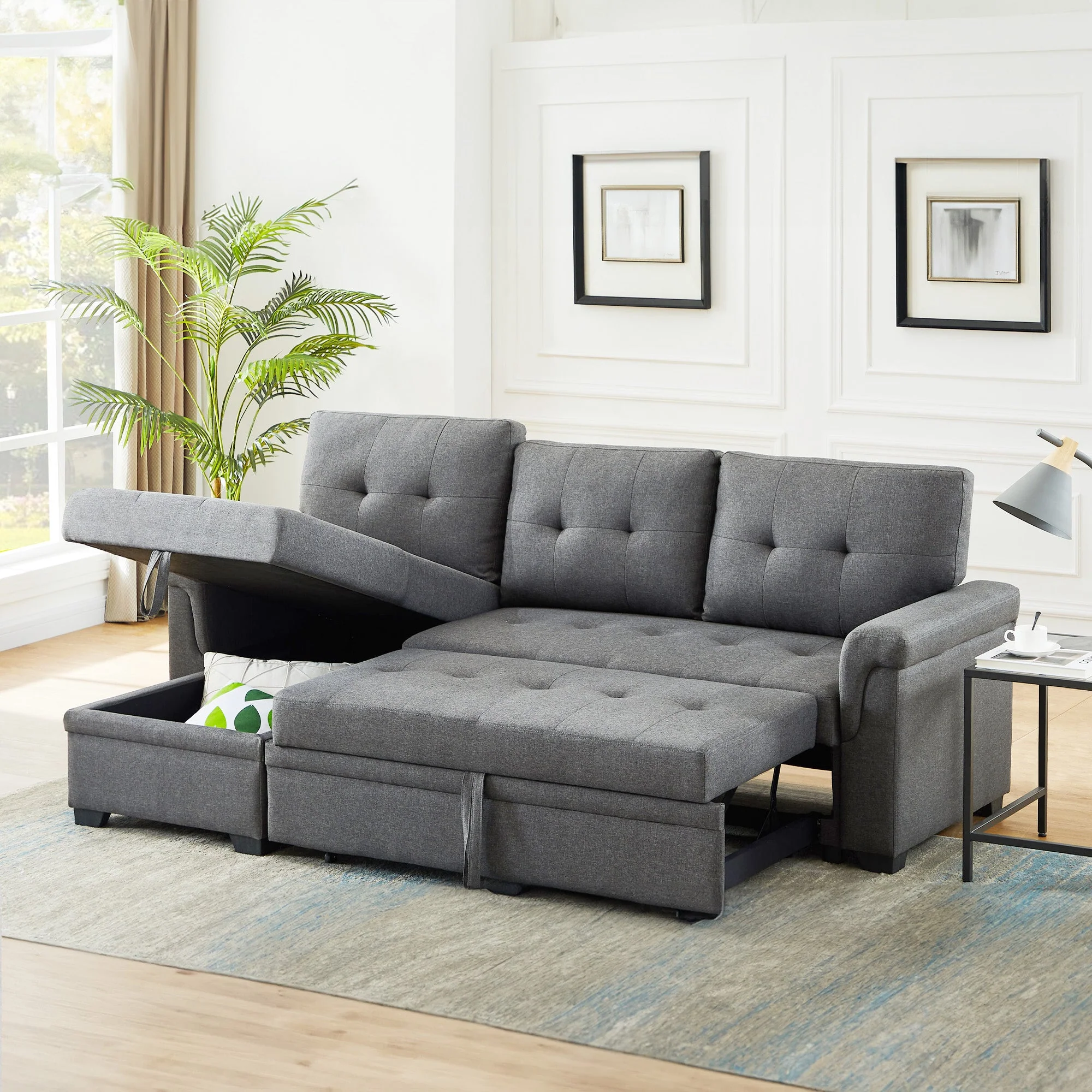 Lilola Home Lucca Performance Leather Sectional Sleeper Sofa with Storage, Gray - Image 2