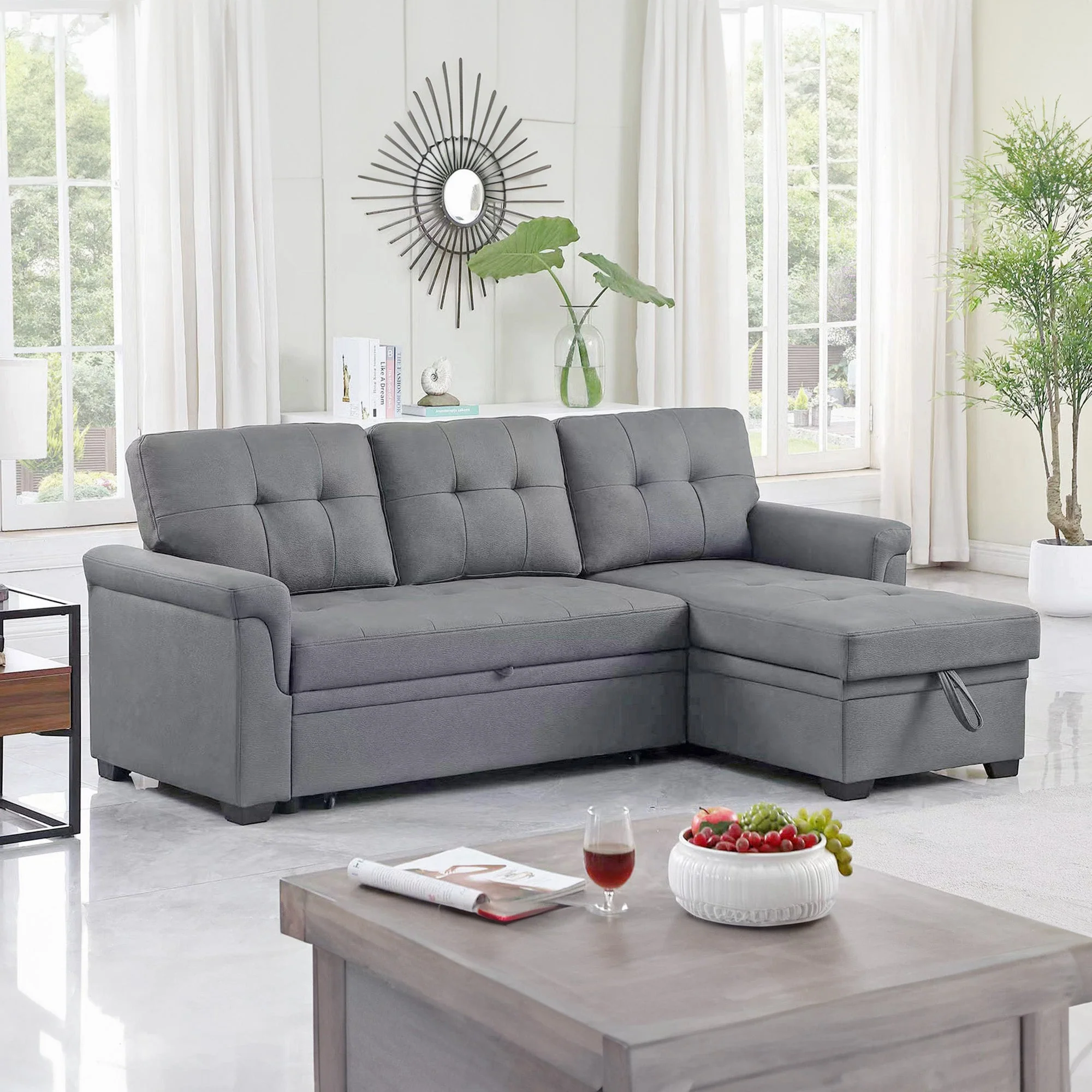 Lilola Home Lucca Performance Leather Sectional Sleeper Sofa with Storage, Gray - Image 7