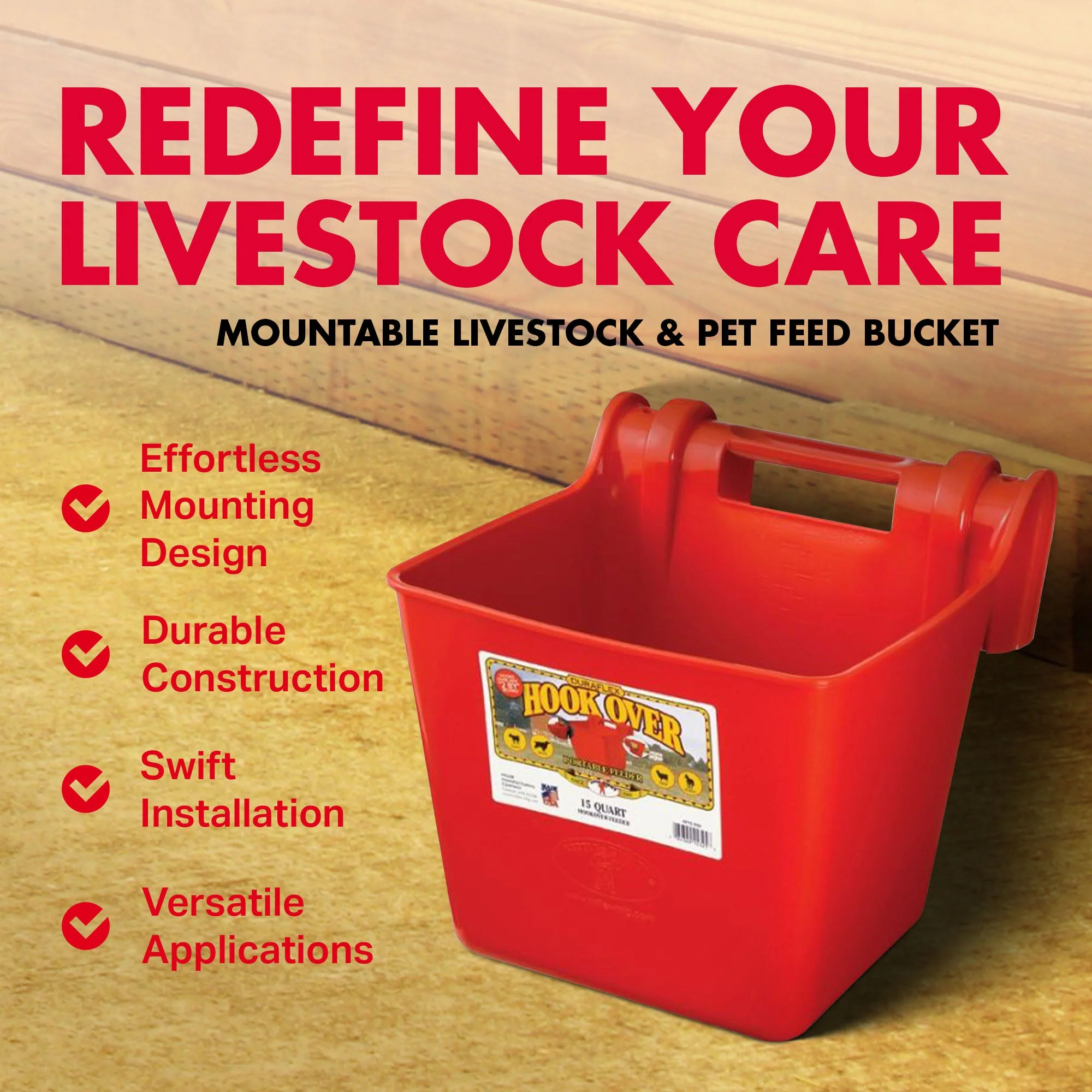 Little Giant 15 Quart Mountable Livestock & Pet Hook Over Bucket Feeder, Red - Image 2