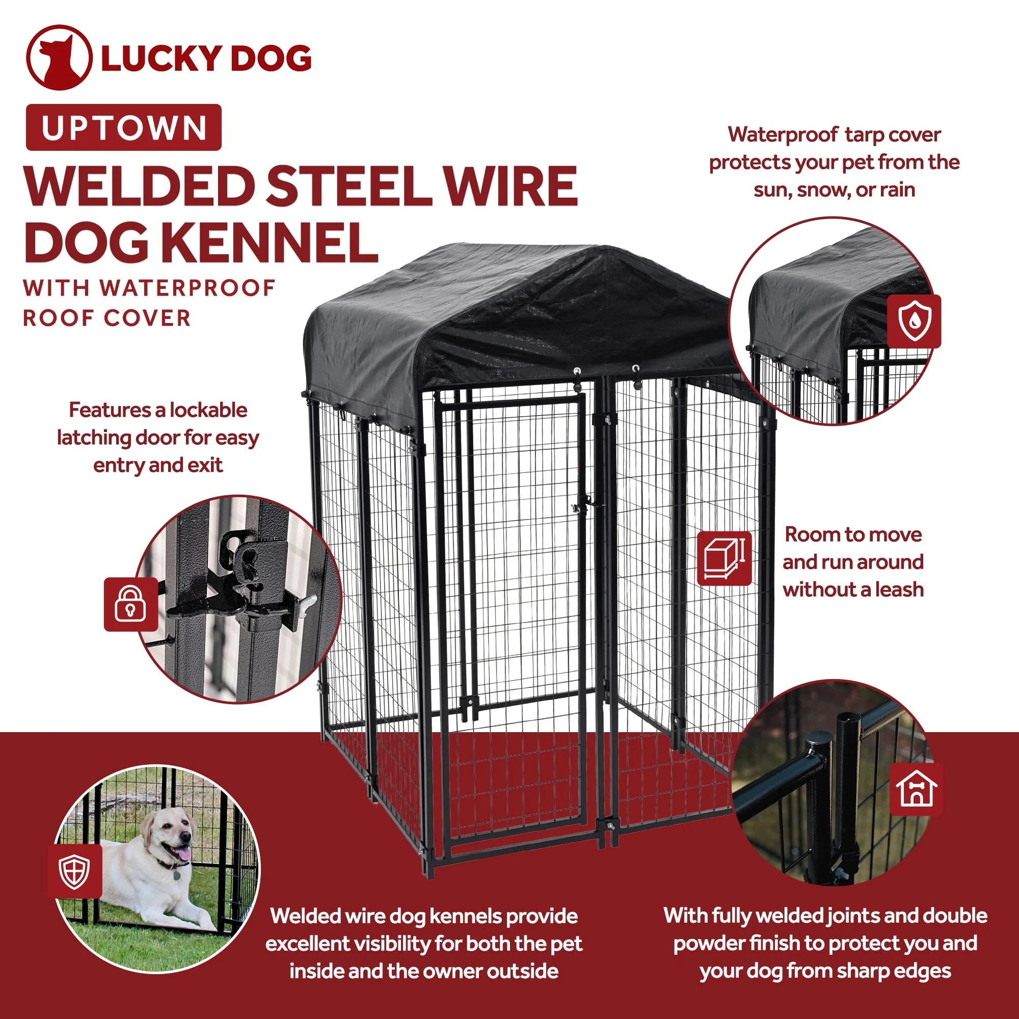 Lucky Dog 4' x 4' x 6' Uptown Welded Wire Outdoor Dog Kennel w/ Waterproof Cover - Image 3