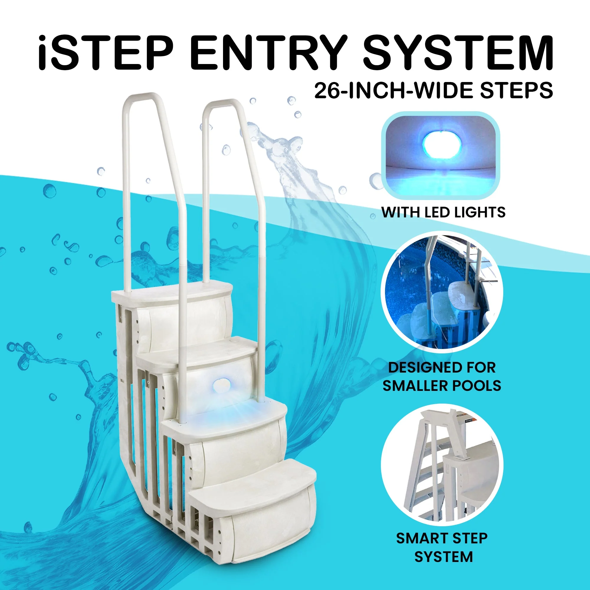 Main Access iStep Above Ground Swimming Pool Deck Entry Steps Ladder & LED Light - Image 2