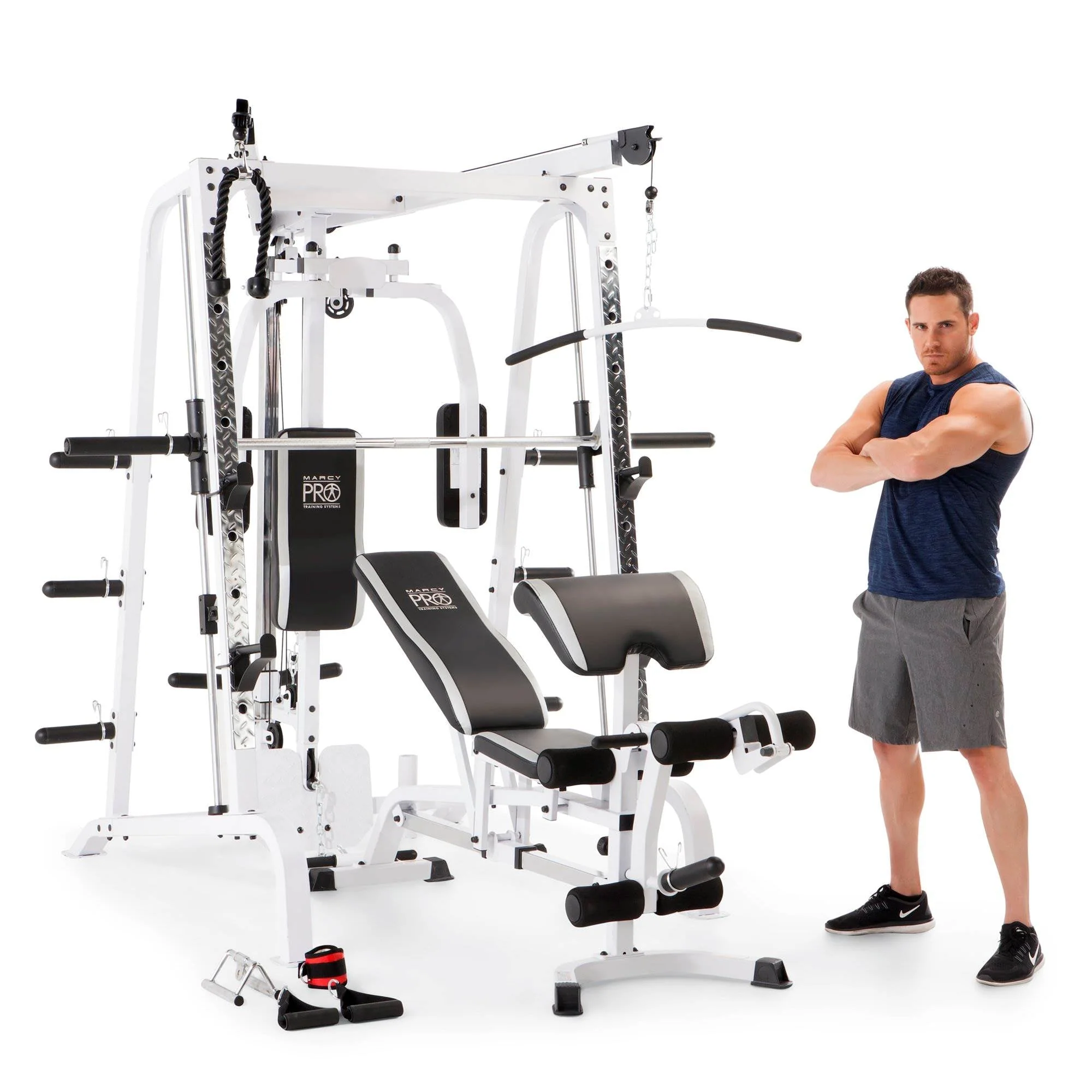Marcy Pro Smith Cage Workout Machine Total Body Training Home Gym System, White - Image 6