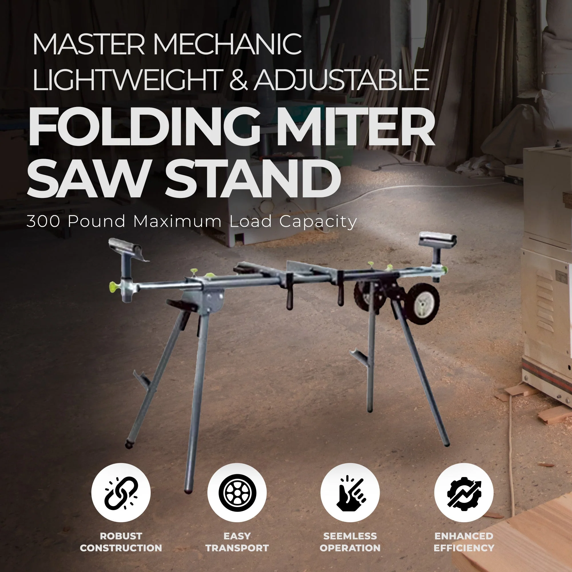 Master Mechanic Lightweight Adjustable Folding Miter Saw Stand w/Wheels, Black - Image 2