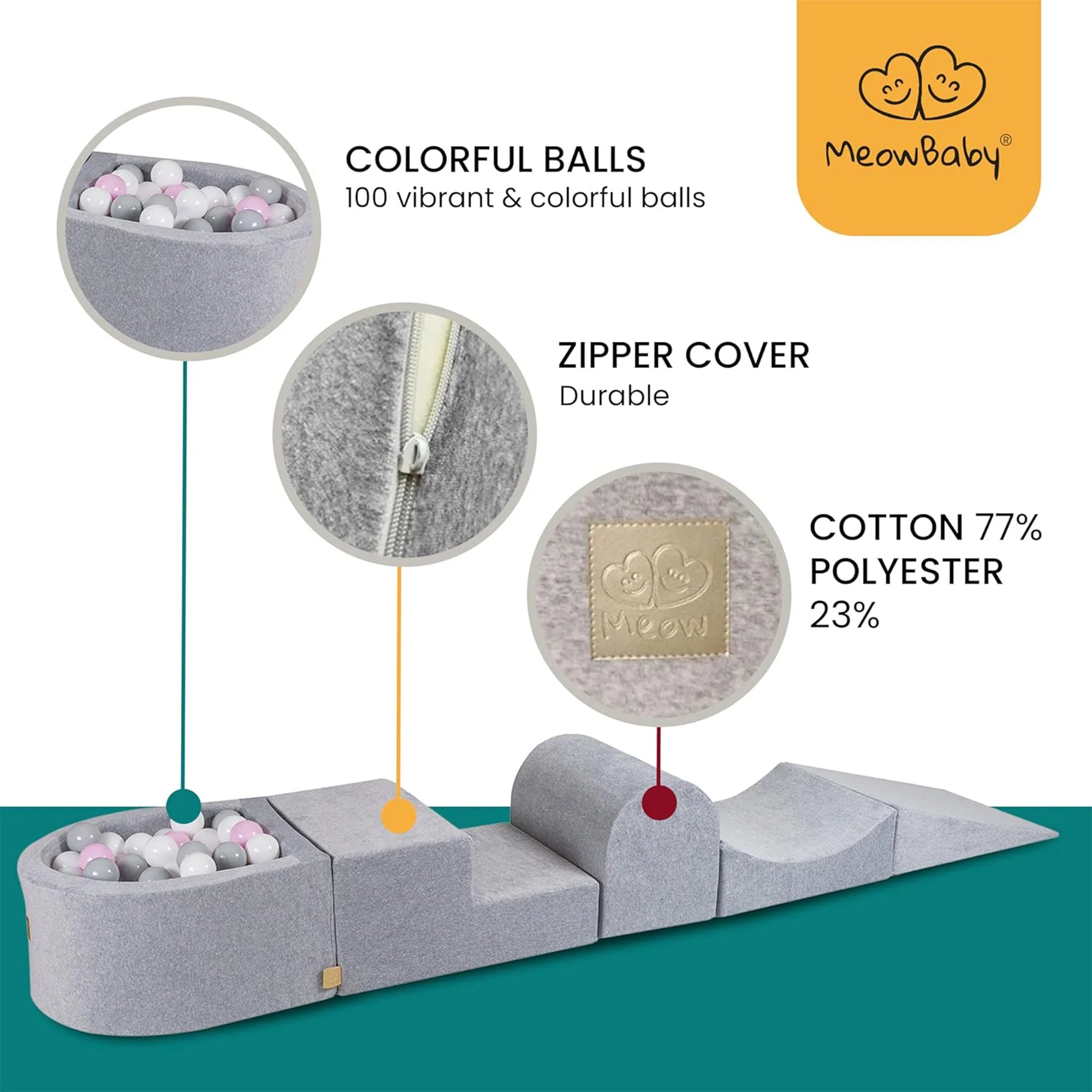MeowBaby Round 4 Element Baby Foam Blocks Ball Pit with 100 Balls, Light Gray - Image 4