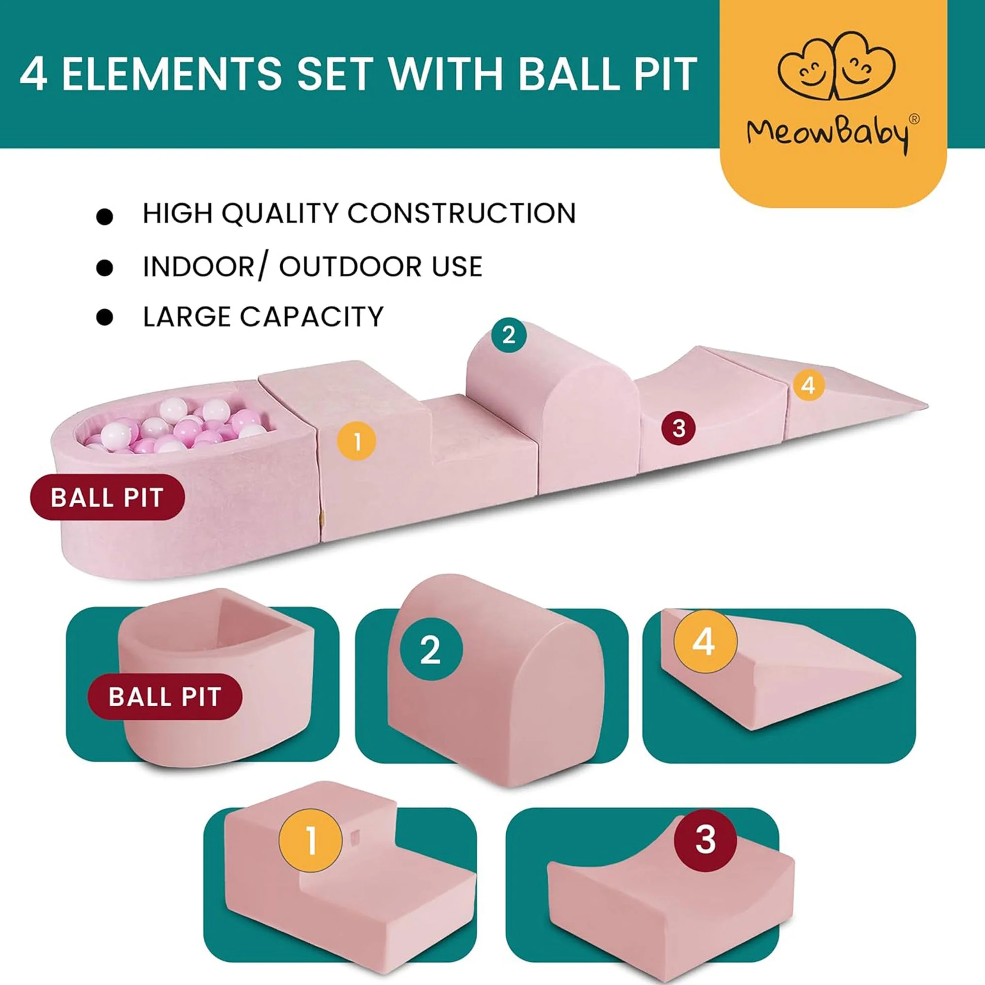 MeowBaby Round 4 Element Baby Foam Blocks Ball Pit with 100 Balls, Powder Pink - Image 3