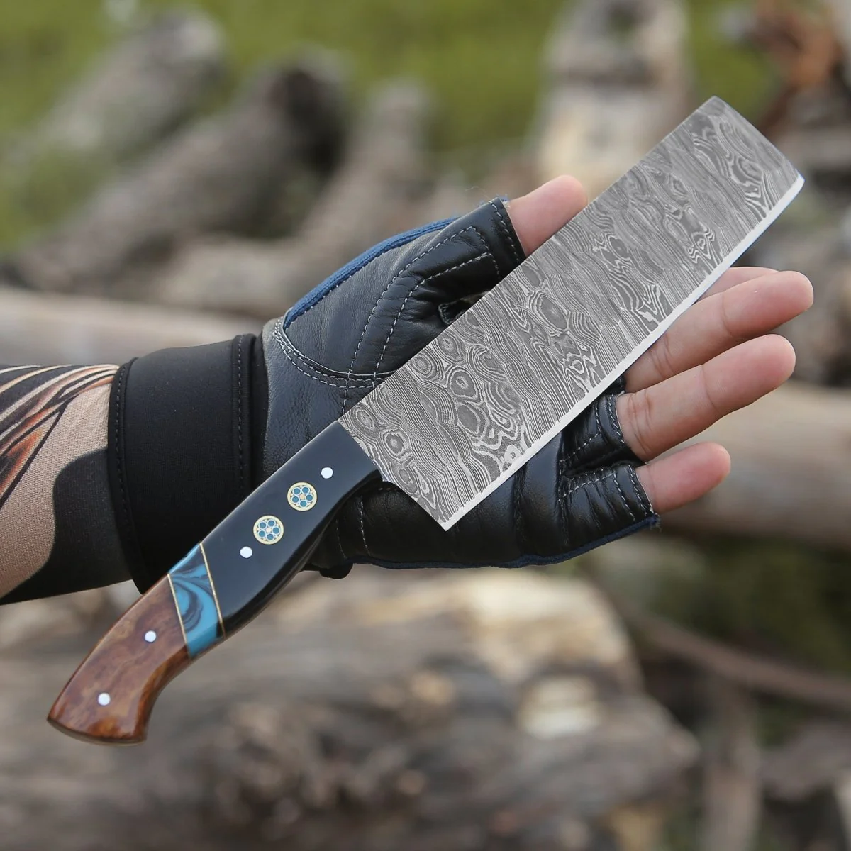 Mist Damascus Nakiri Knife with Rosewood & Resin Handle - Image 5