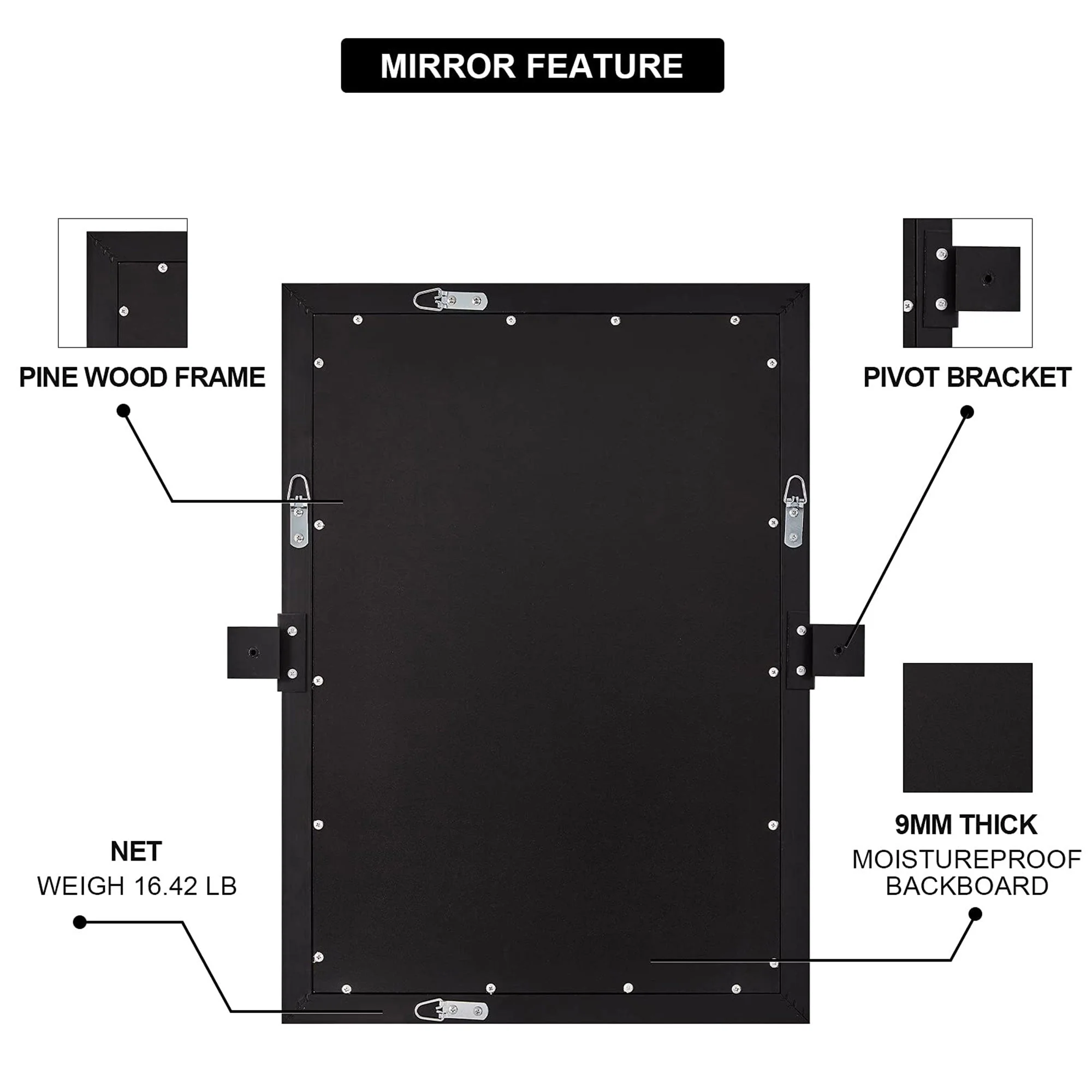 Moon Mirror 24 x 36 Inch Pivoted Rectangular Wall Mounted Vanity Mirror, Black - Image 4