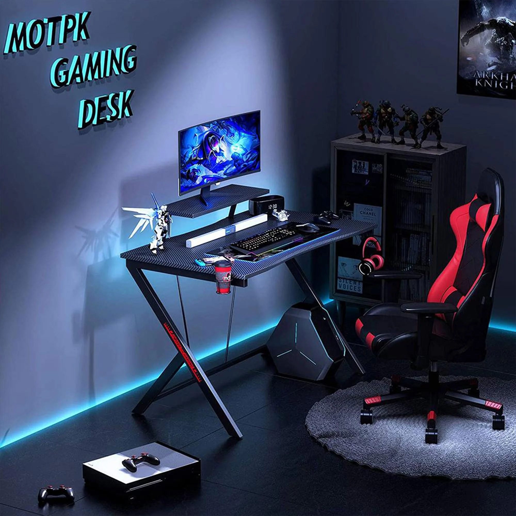 MOTPK 45 Inch Carbon Fiber Computer Gaming Desk with Raised Monitor Shelf, Black - Image 6