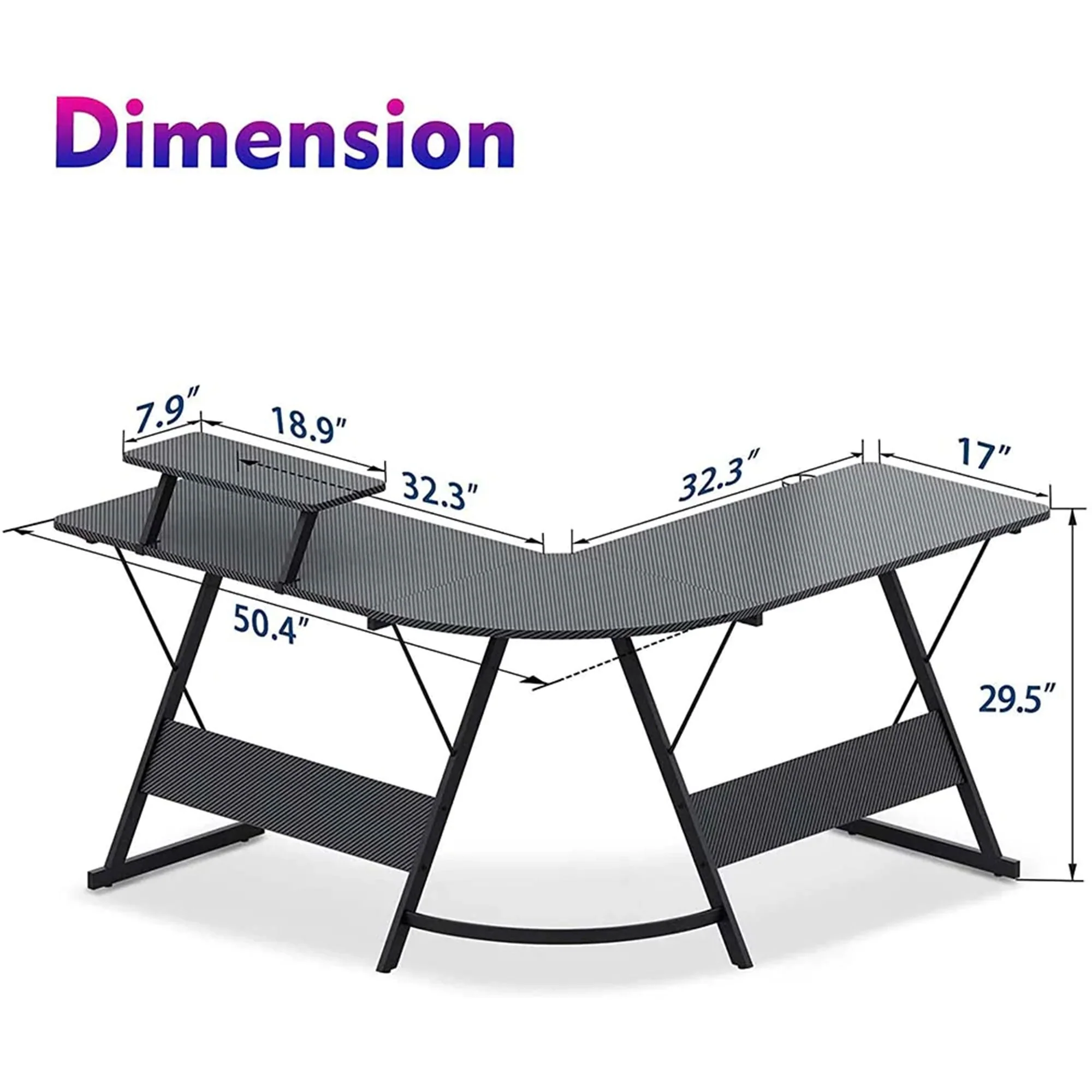 MOTPK 51 Inch L Shaped Carbon Fiber Computer Gaming Desk w/ Monitor Shelf, Black - Image 7