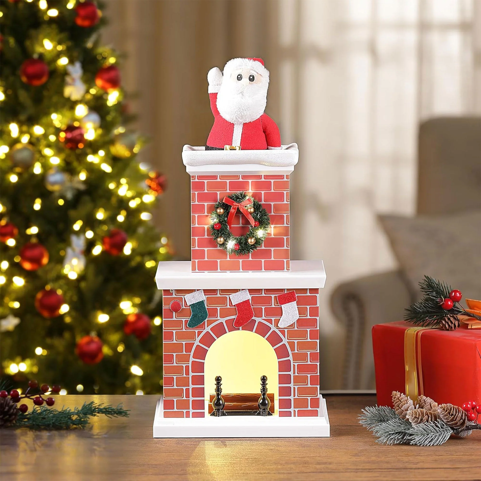 Mr. Christmas 18 Inch Animated Santa in Chimney with LED Lights and Music, White - Image 3