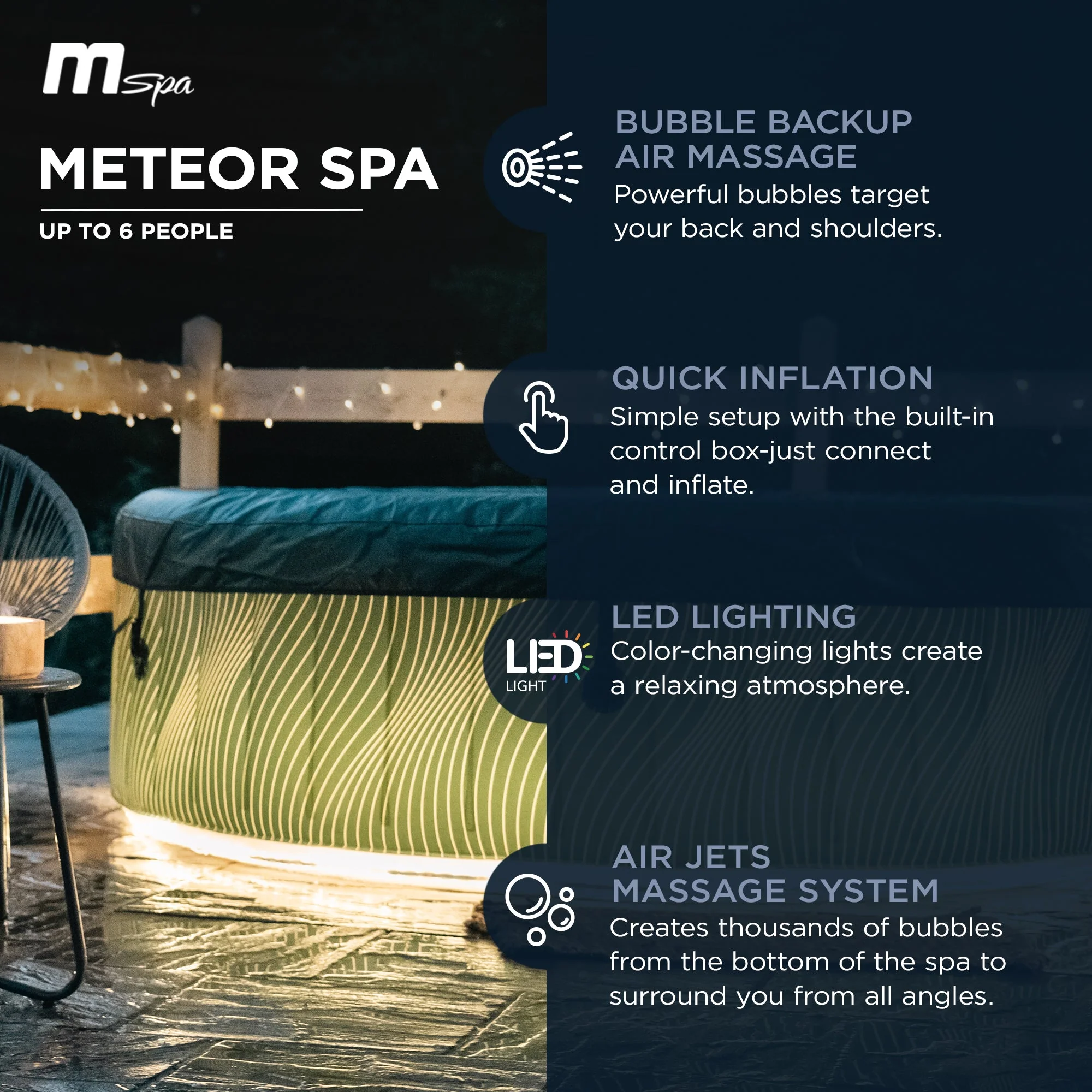 MSpa Round Inflatable Bubble Spa, 4 to 6 Person Hot Tub with LED Lights, Meteor - Image 2