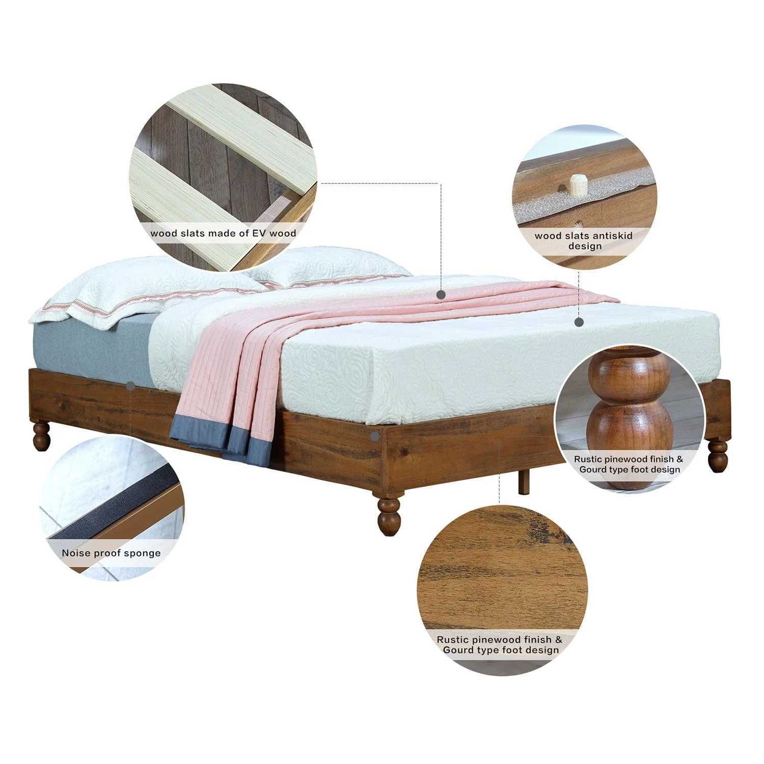 MUSEHOMEINC 12 Inch Solid Pine Wood Platform Bed Frame with Wooden Slats, King - Image 7