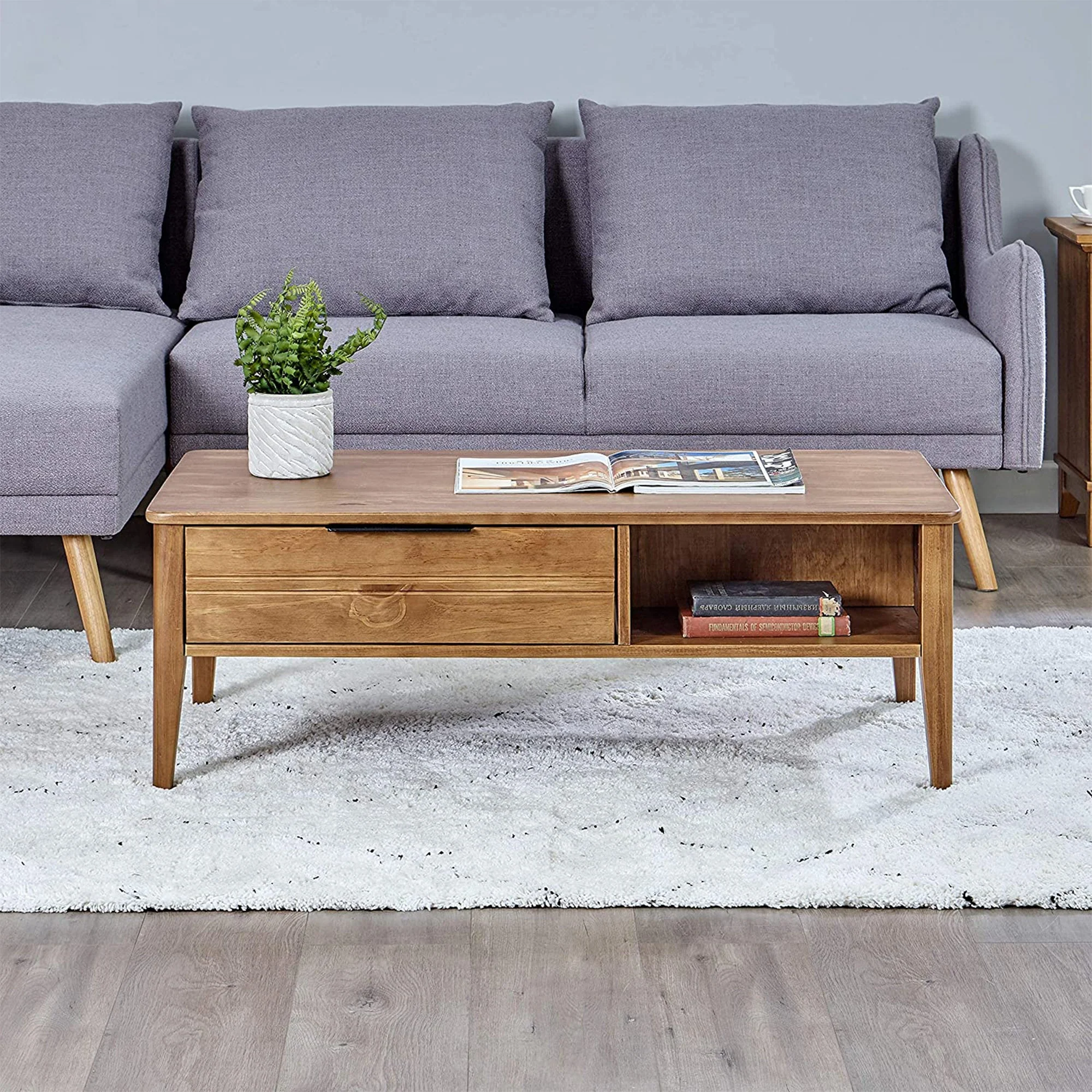 MUSEHOMEINC Mid Century Modern Rectangular Coffee Table with Drawer, Honey Brown - Image 5