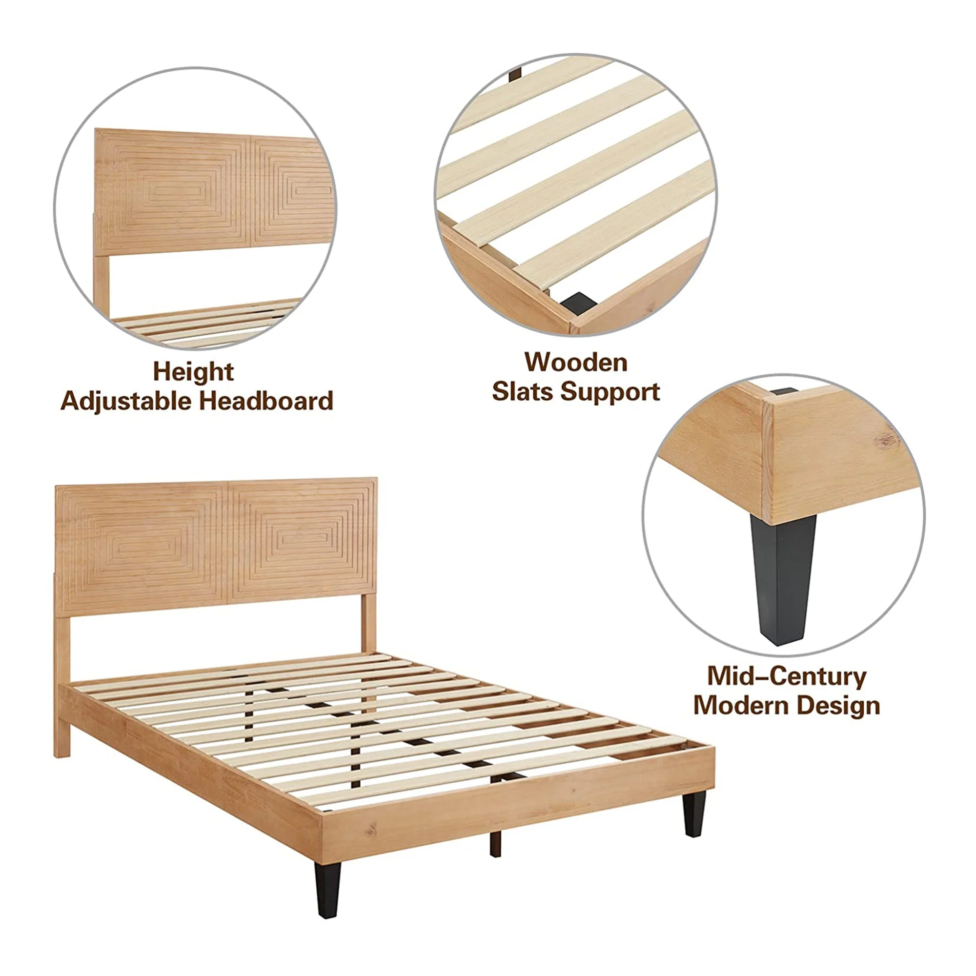 MUSEHOMEINC Mid Century Modern Solid Wood Adjustable Height Platform Bed, Queen - Image 4