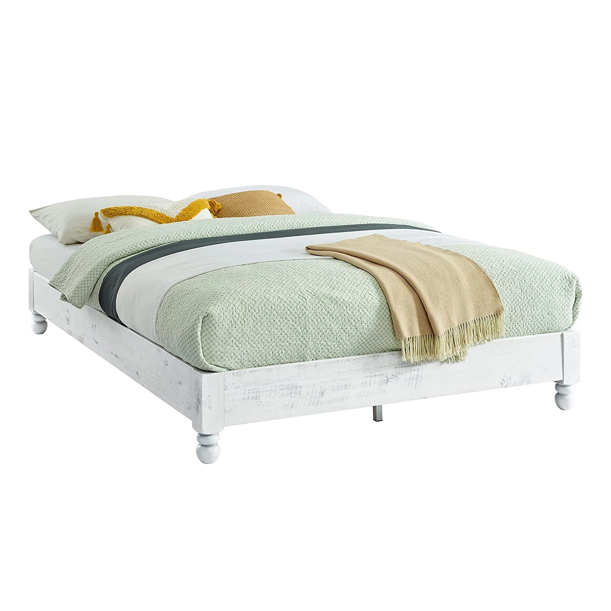 MUSEHOMEINC Solid Pine Wood 12 Slat Platform Rustic Bed Frame, Whitewashed, Full - Image 5