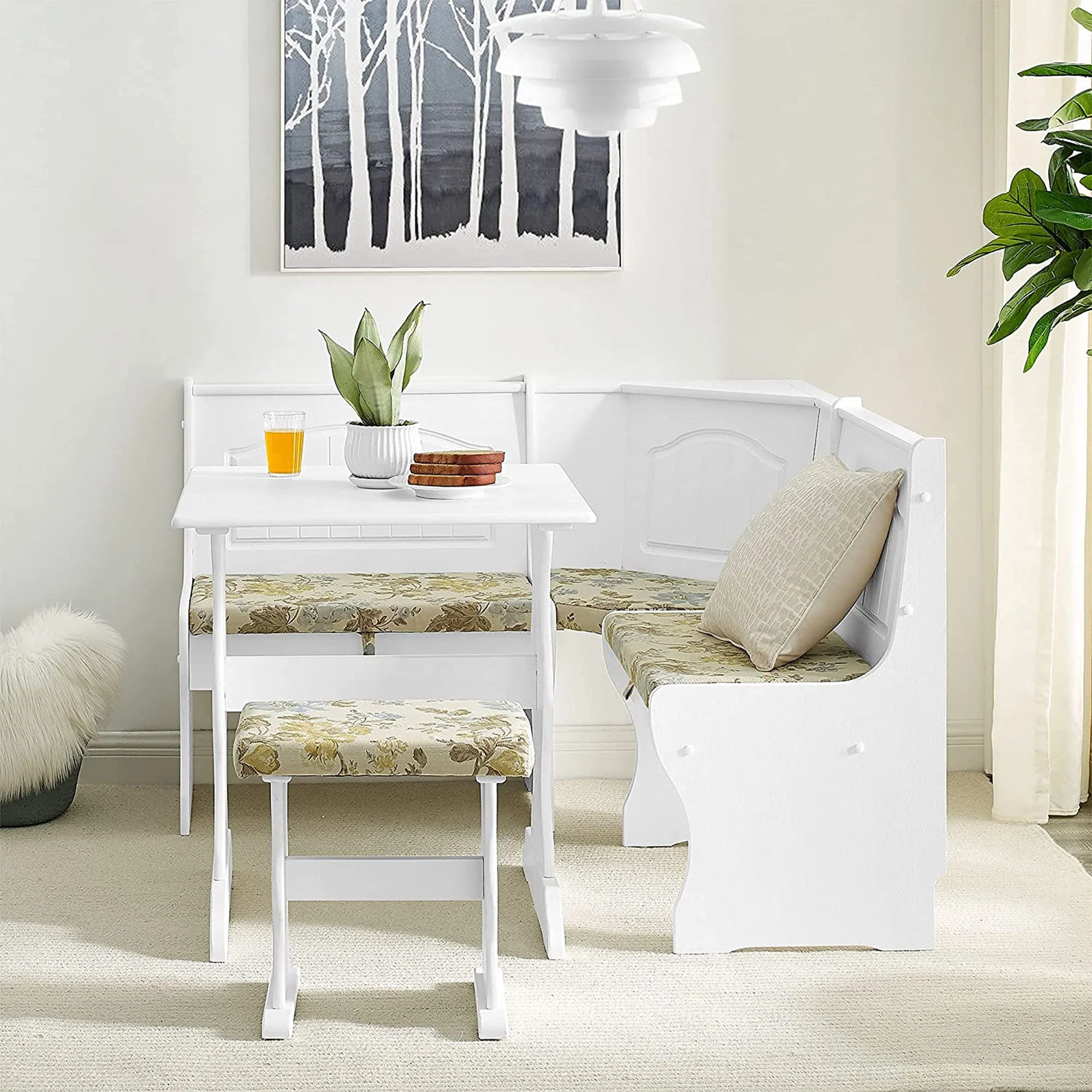 MUSEHOMEINC Traditional 3 Piece Solid Wood Nook Dining Table Set w/ Bench, White - Image 6