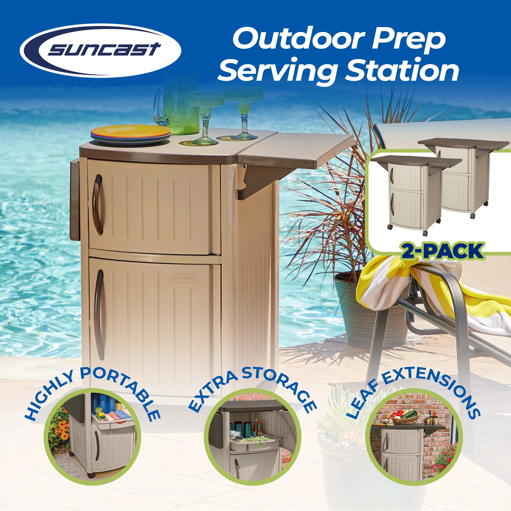 New Suncast Portable Outdoor Patio Prep Serving Station Table & Cabinet (2 Pack) - Image 2