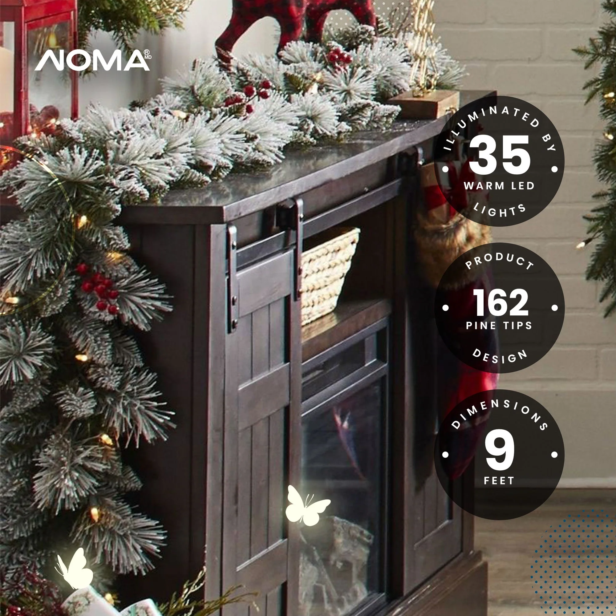Noma 24" Pre-Lit Frosted Fir Artificial Wreath & 9' Garland Holiday Mantle Decor - Image 5