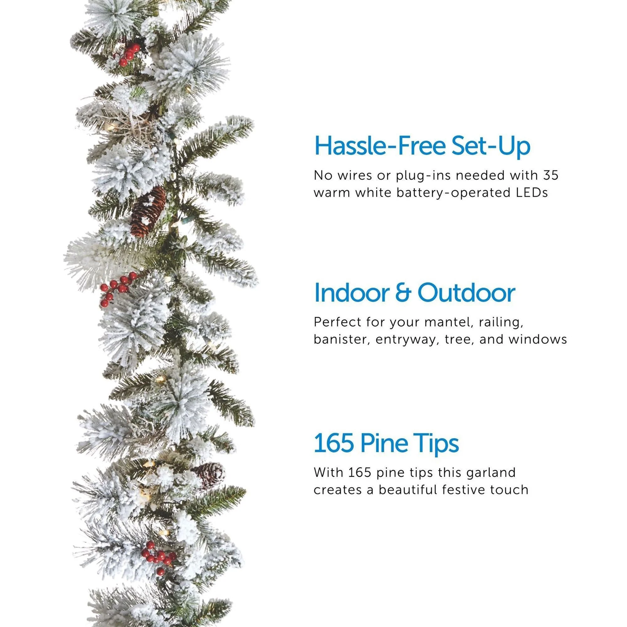 Noma 24" Pre-Lit Frosted Fir Artificial Wreath & 9' Garland Holiday Mantle Decor - Image 6