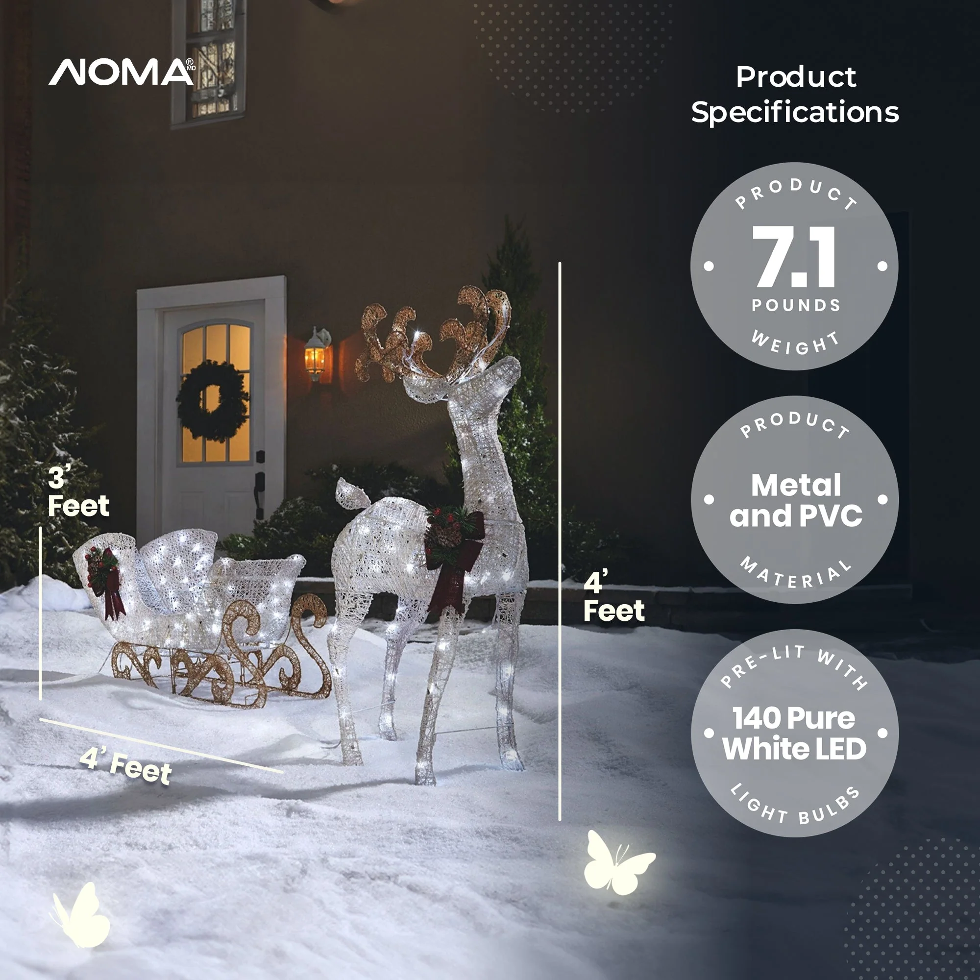 NOMA Reindeer and Sleigh Christmas Display Pre-Lit LED Outdoor Lawn Decoration - Image 3