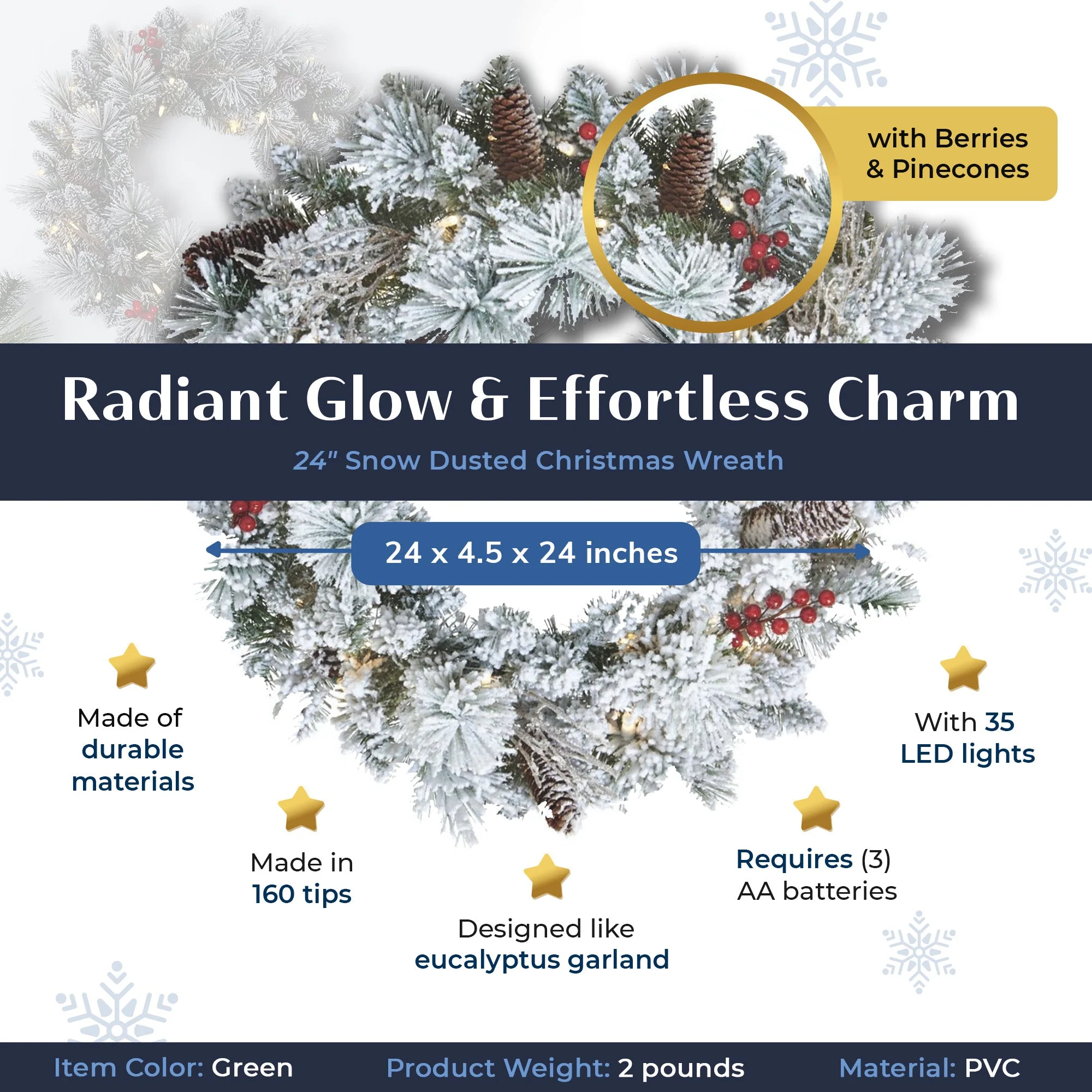 NOMA Snow Dusted Pre Lit Artificial Christmas Wreath with 9 Foot Frosted Garland - Image 4