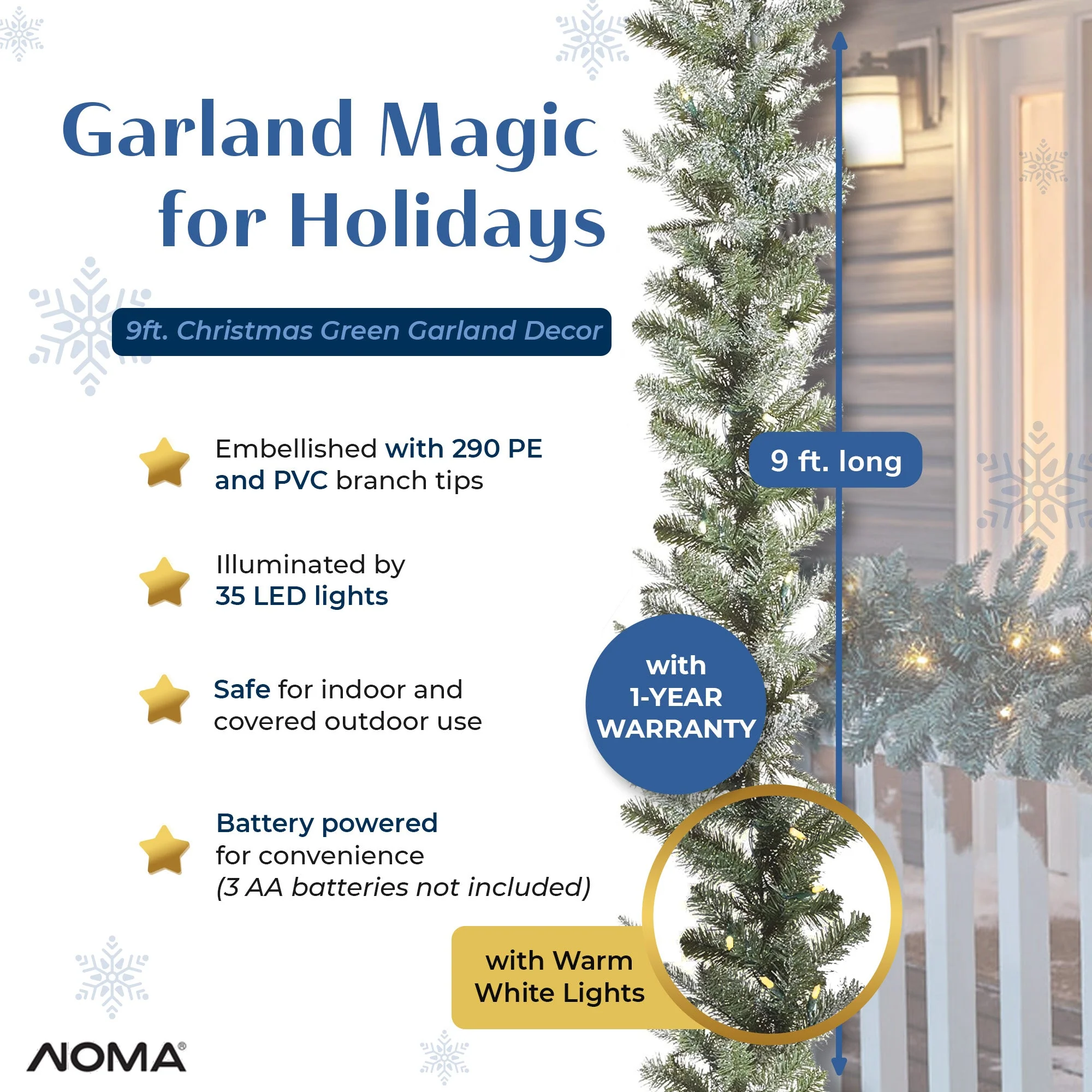 NOMA Snow Dusted Pre Lit Artificial Christmas Wreath with 9 Foot Frosted Garland - Image 5