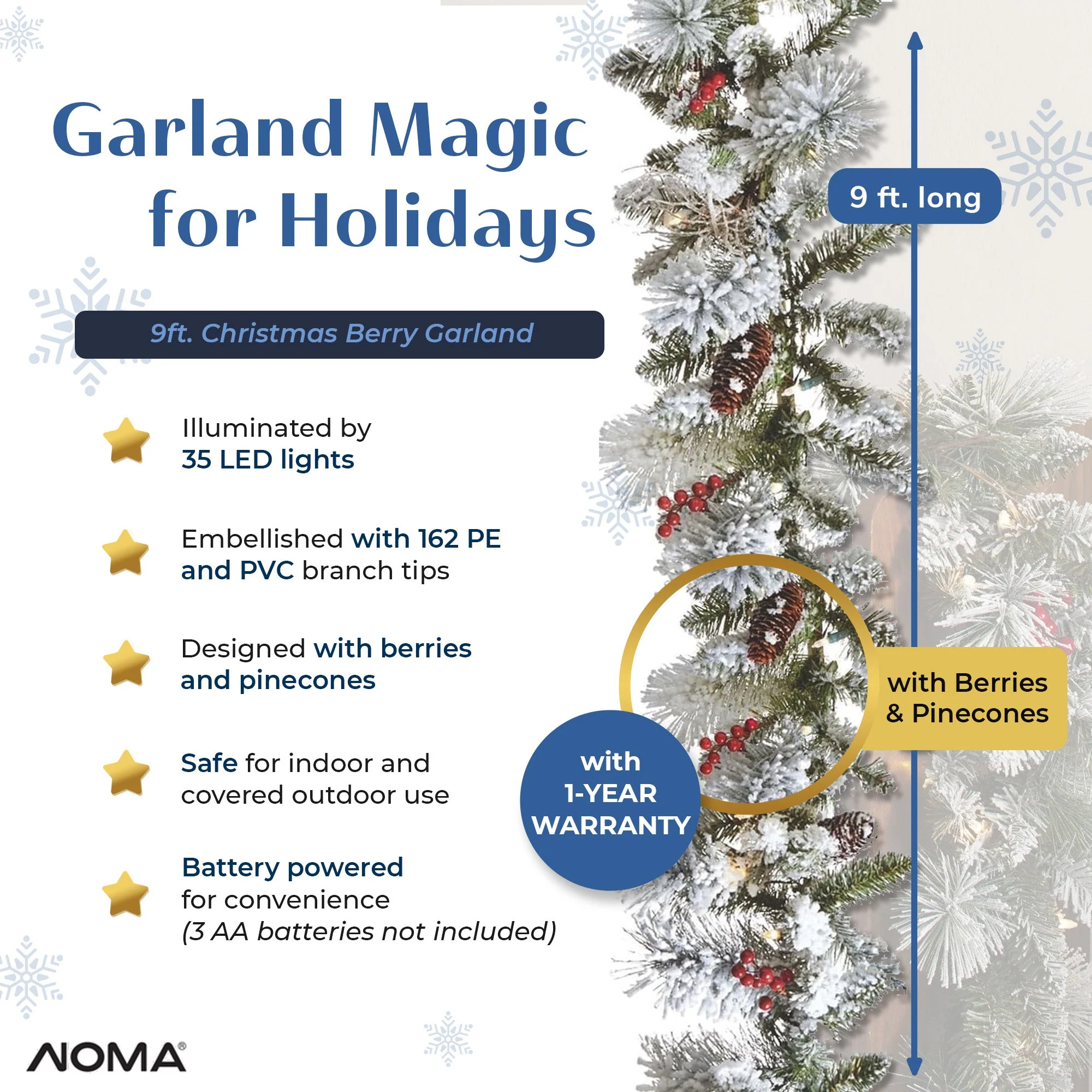 NOMA Snow Dusted Pre Lit Artificial Christmas Wreath with Berry Holiday Garland - Image 5