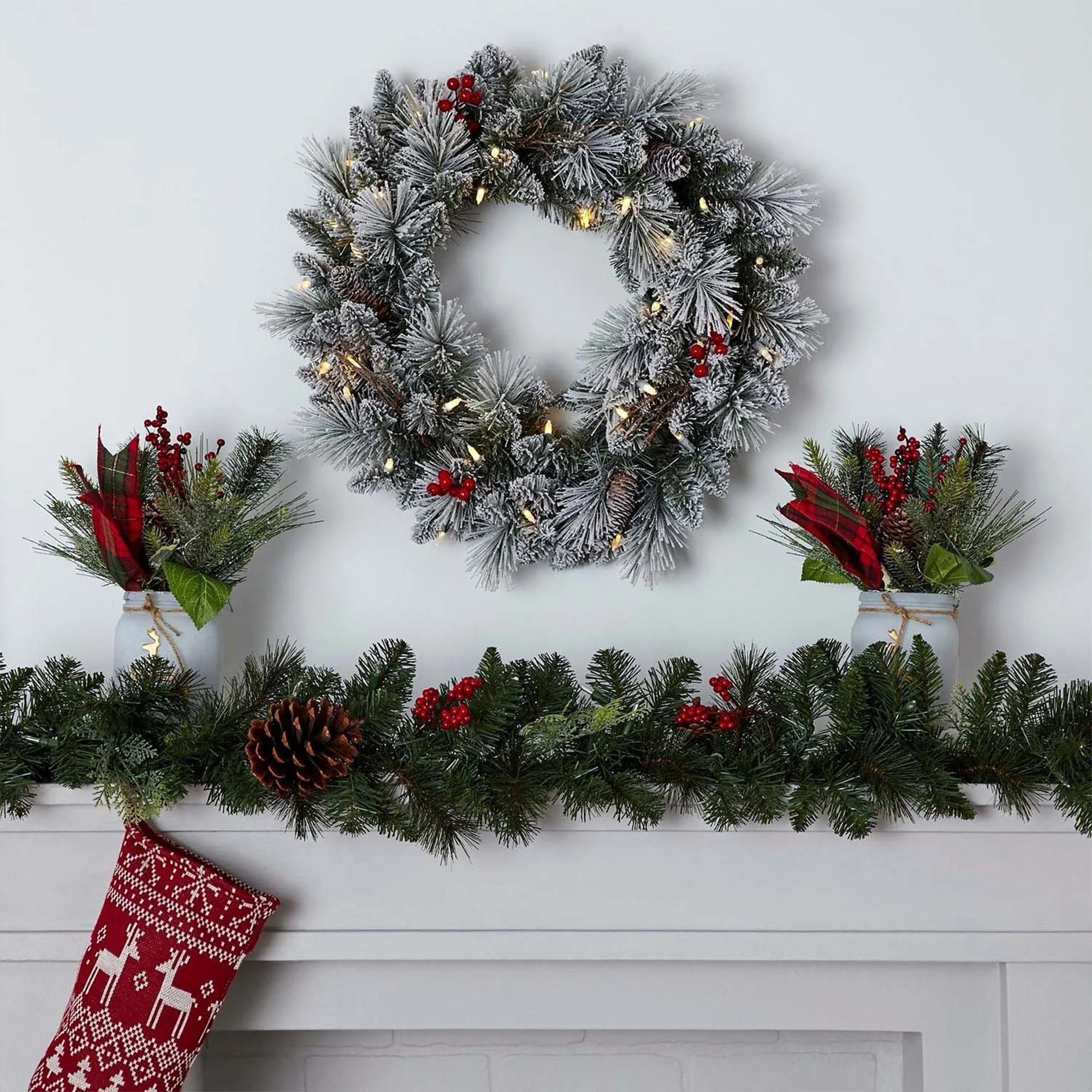 NOMA Snow Dusted Pre Lit Artificial Christmas Wreath with Berry Holiday Garland - Image 6