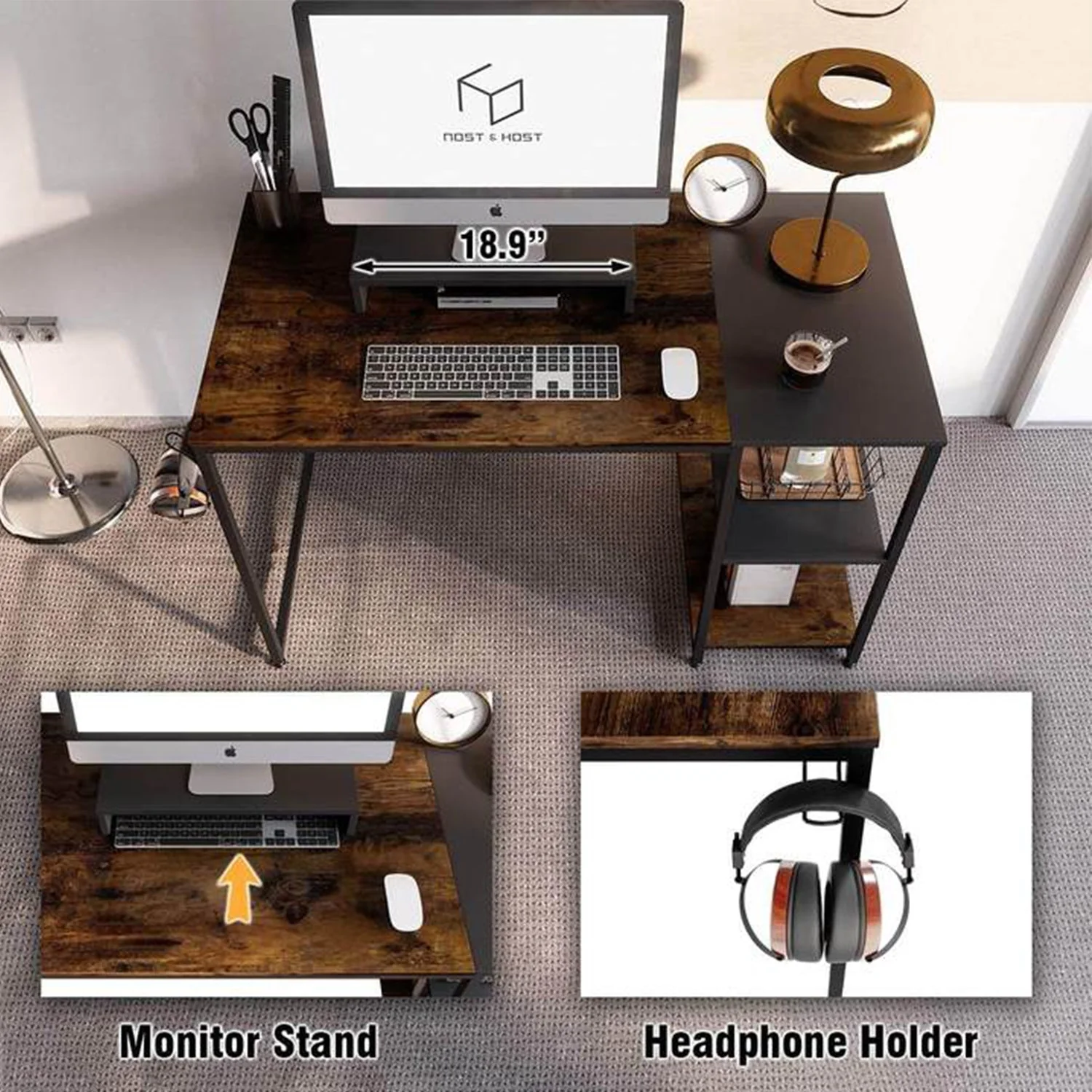 Nost & Host Computer Office Desk Workstation with Storage Shelves, Rustic Brown - Image 3