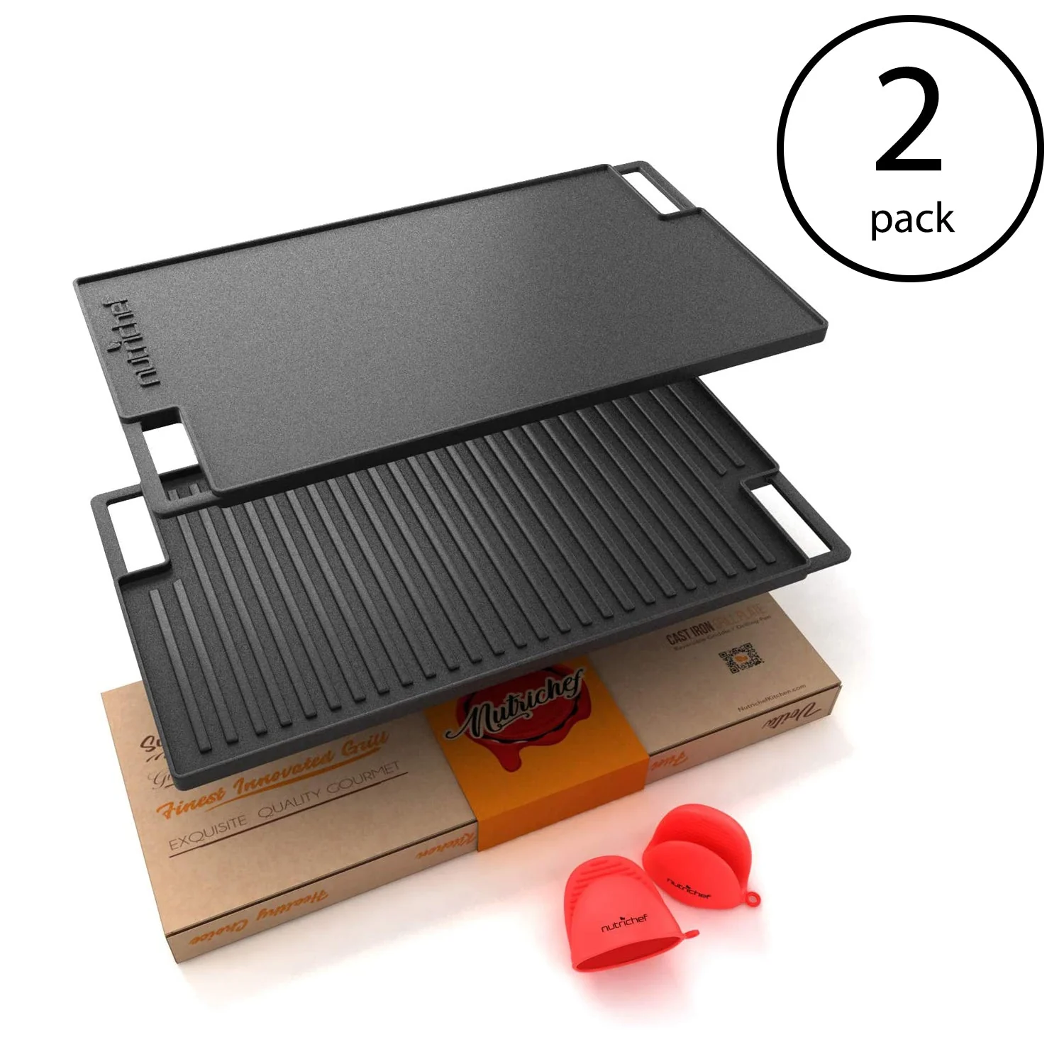 NutriChef 18" Cast Iron Skillet Reversible Grill Plate Stove Top Pan (2 Pack) - Image 2