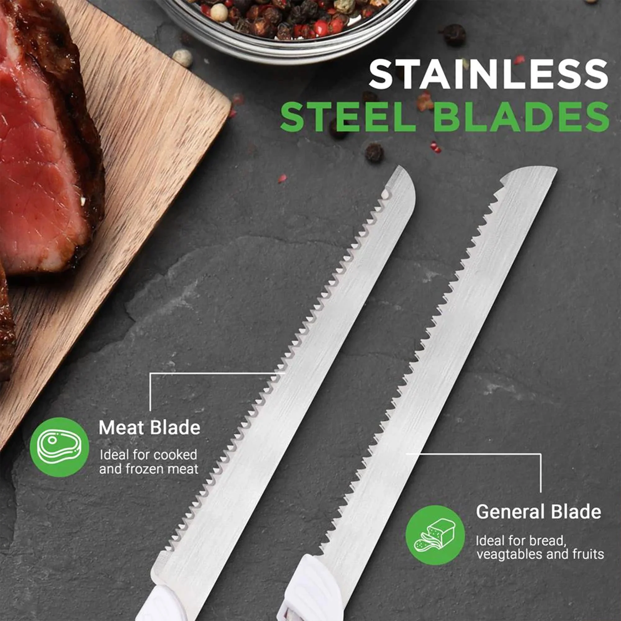NutriChef 2 Blade Serrated Electric Kitchen Knife w/ Butcher Block Storage Tray - Image 4