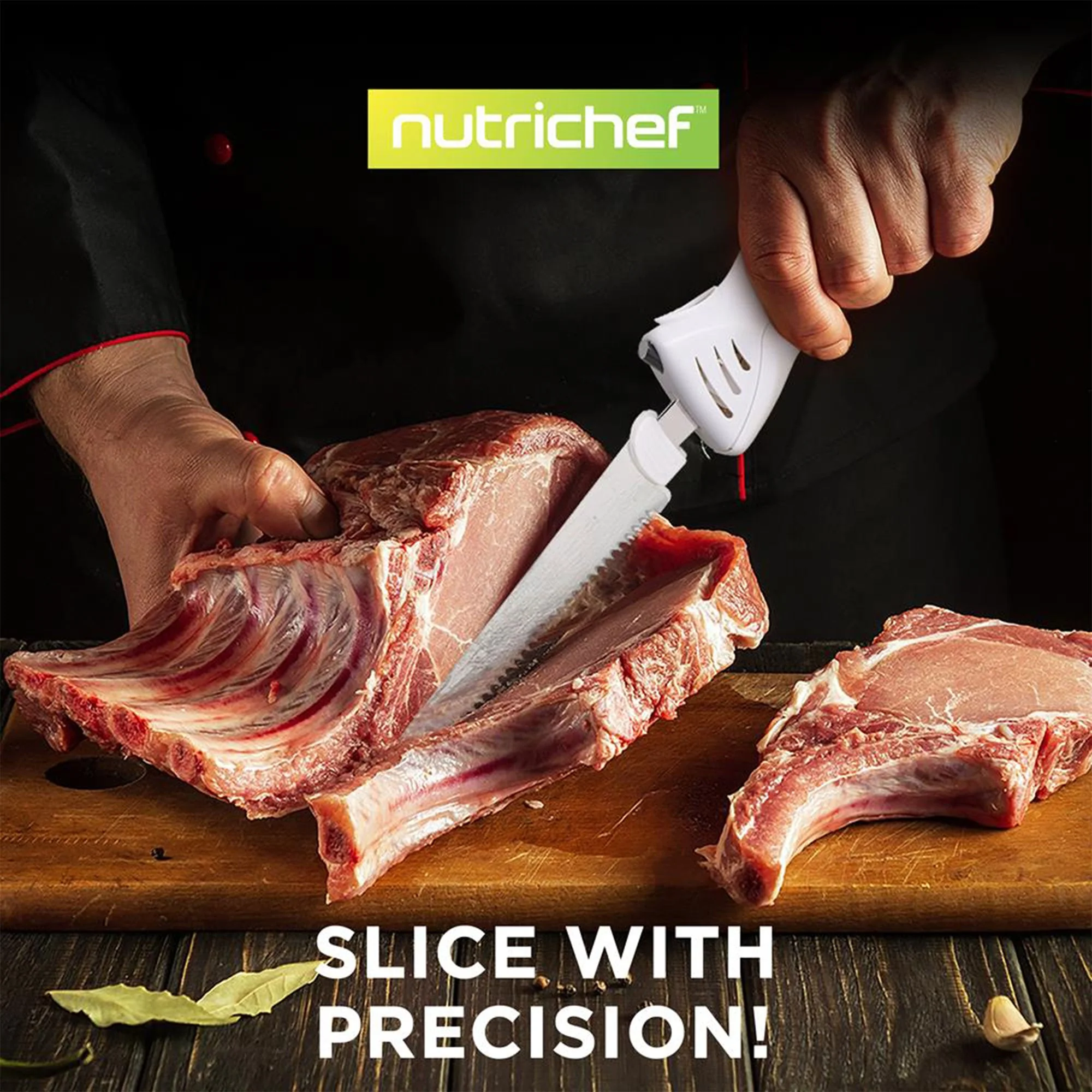 NutriChef 2 Blade Serrated Electric Kitchen Knife w/ Butcher Block Storage Tray - Image 7