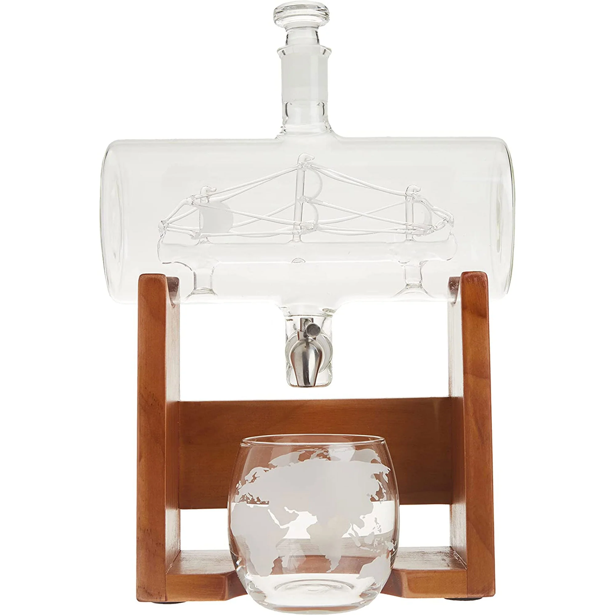 NutriChef Home Bar Glass Barrel Whiskey Carafe Alcohol Decanter Set w/ Glasses - Image 6