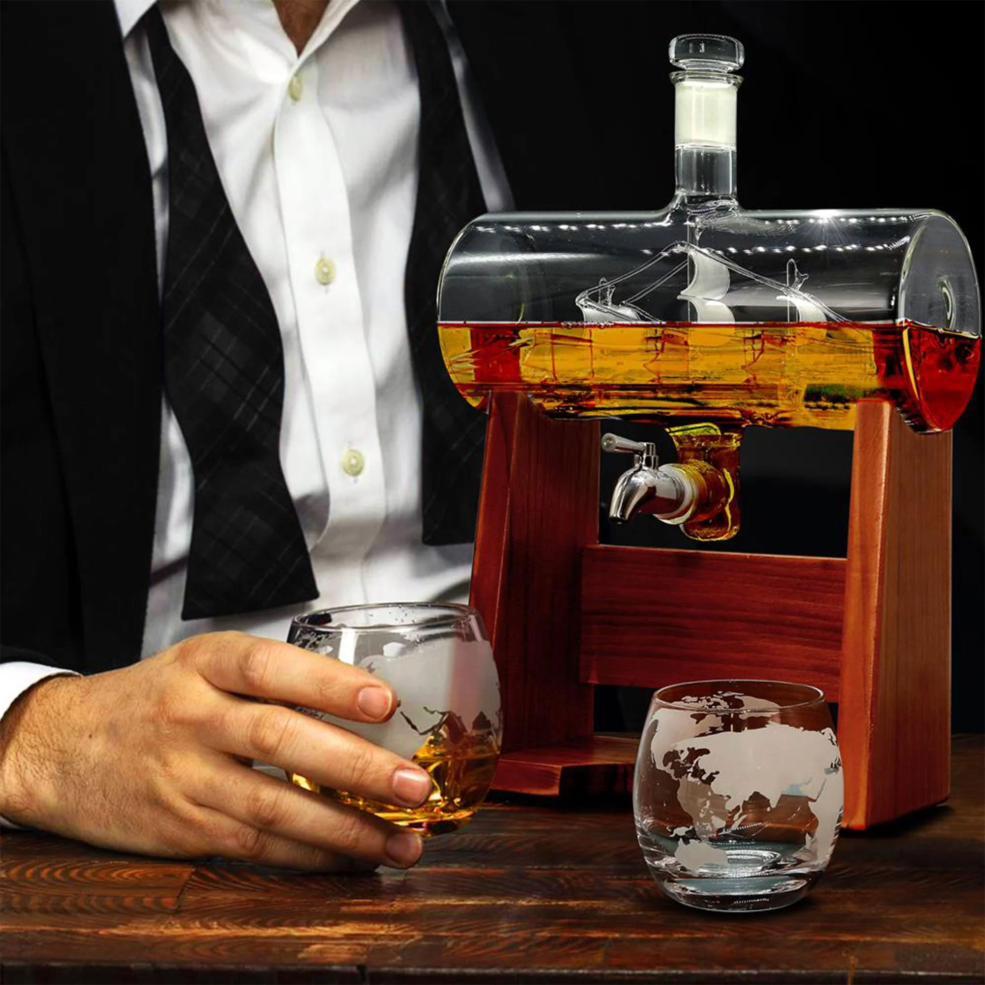 NutriChef Home Bar Glass Barrel Whiskey Carafe Alcohol Decanter Set w/ Glasses - Image 7