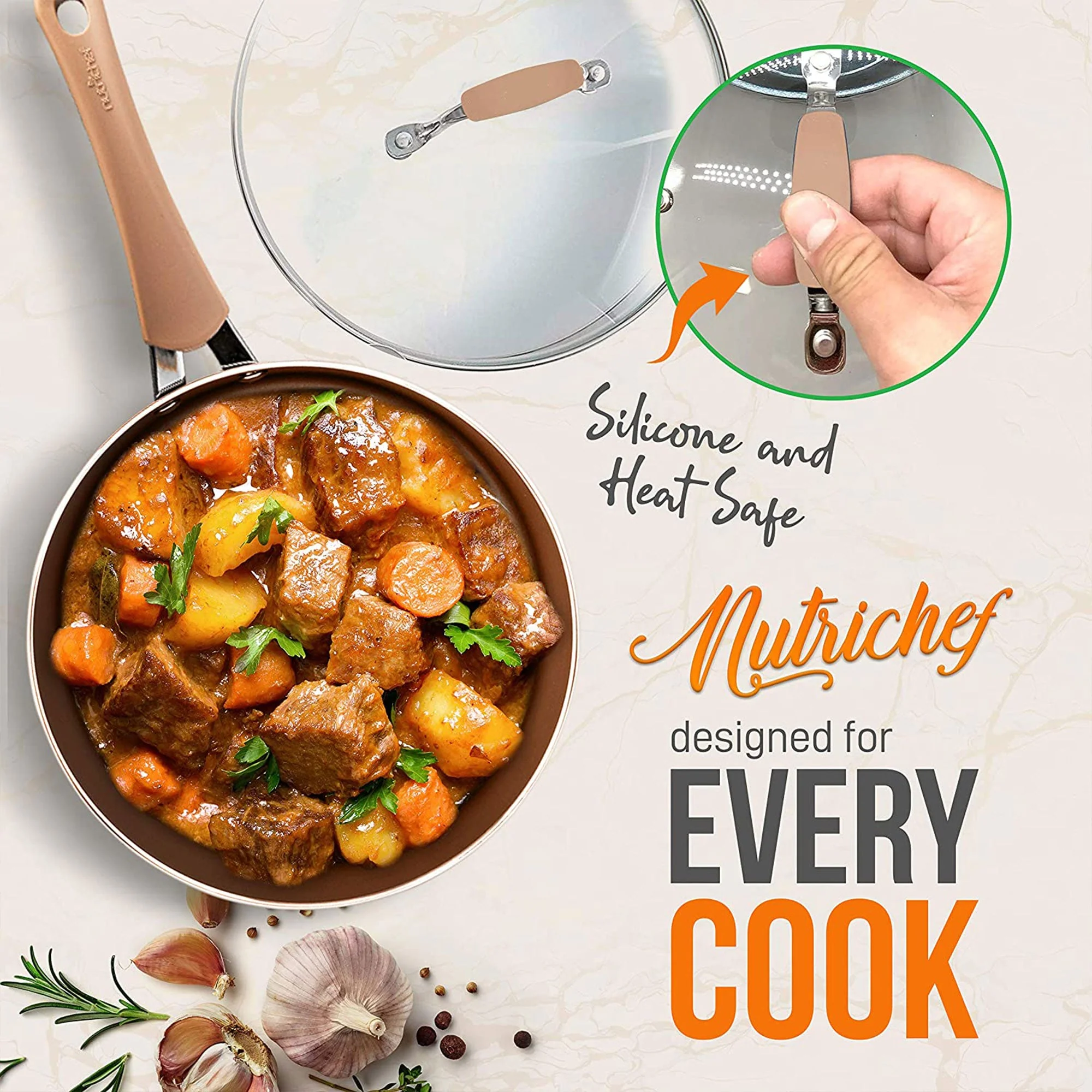 NutriChef Nonstick Cooking Kitchen Cookware Pots and Pans, 20 Piece Set, Bronze - Image 8