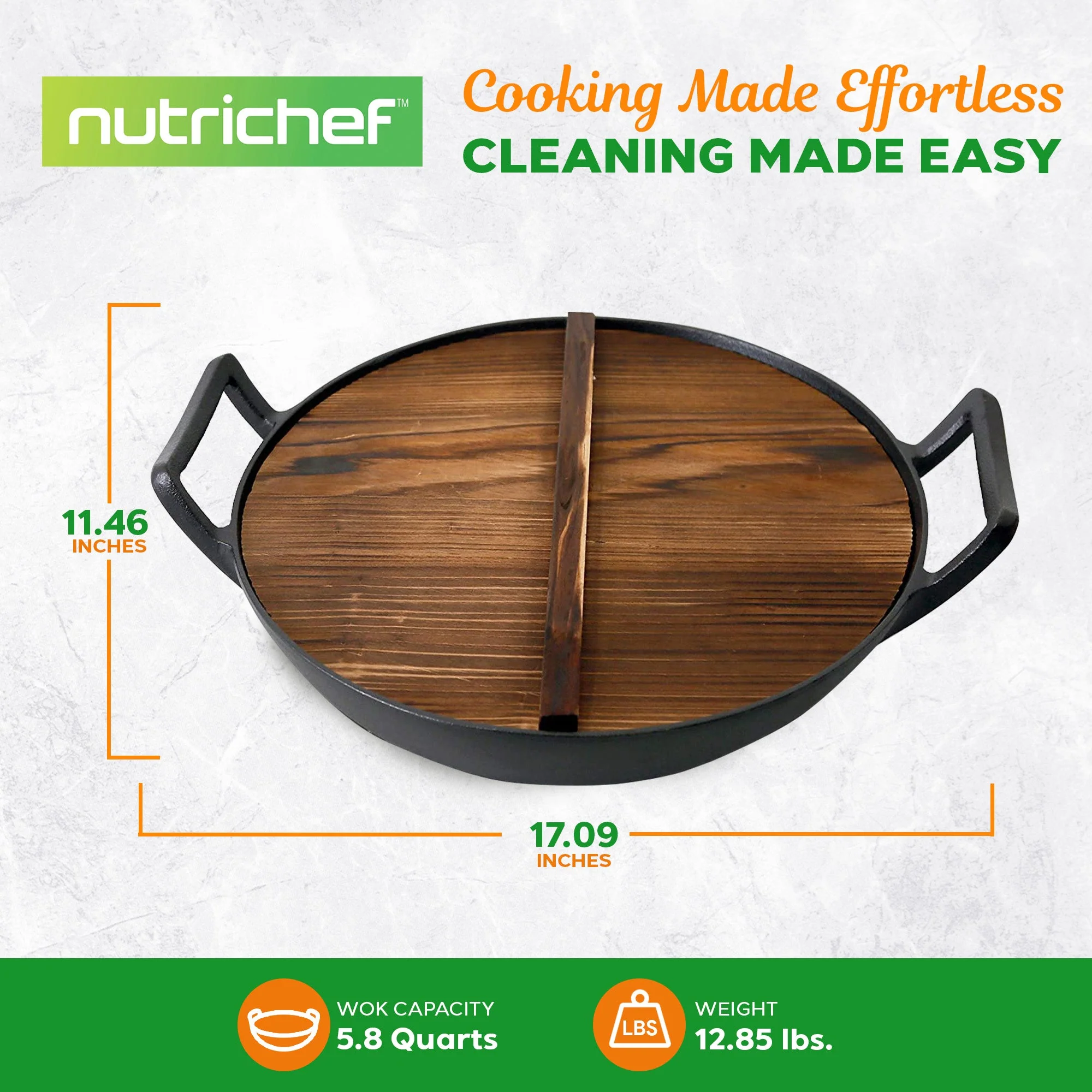 NutriChef Pre Seasoned Cooking Wok Cast Iron Stir Fry Pan with Wooden Lid, Black - Image 3