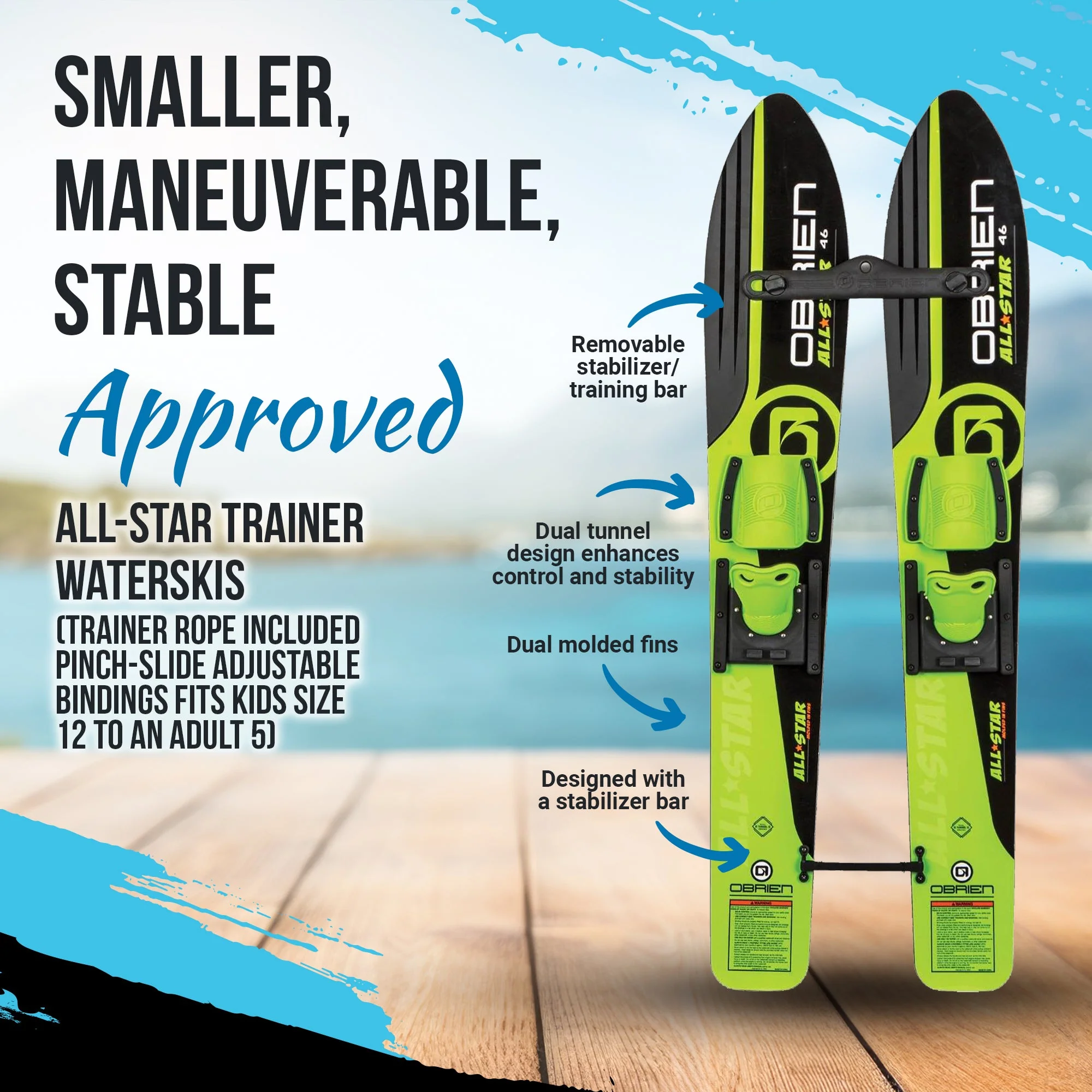 OBrien 46 Inch Children All Star Trainer Kids Combo Waterskis w/ Trainer Rope - Image 2