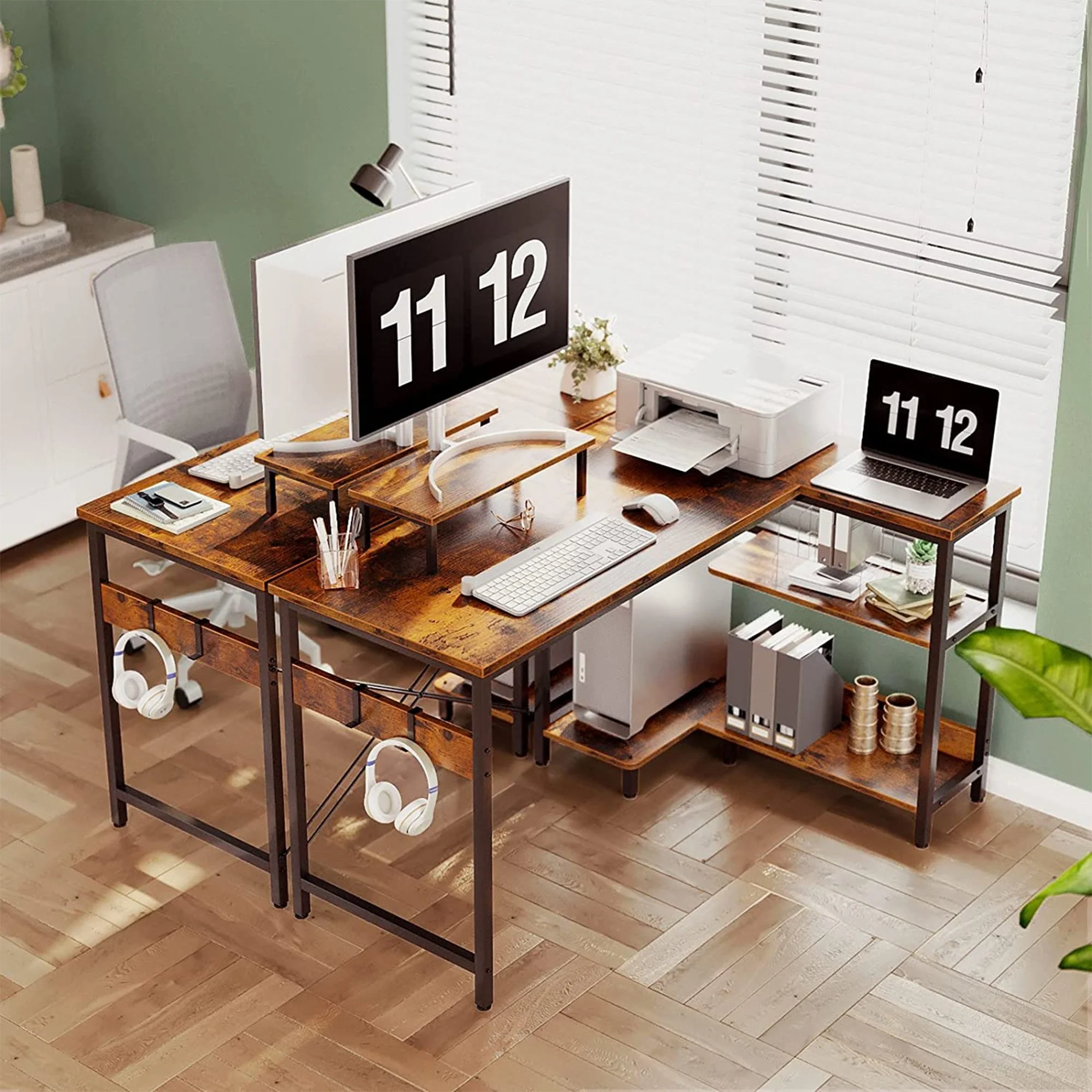 ODK 47 In Compact L Shaped Desk w/ Storage Shelves & Monitor Stand, Rustic Brown - Image 6