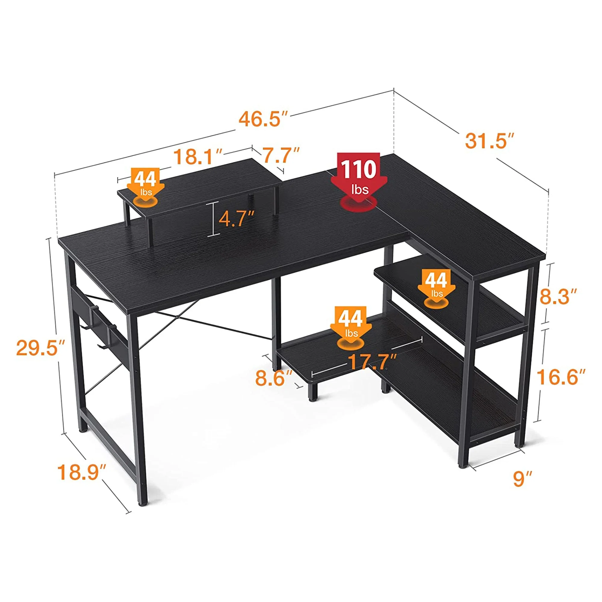ODK 47 Inch Compact L Shaped Desk with Storage Shelves and Monitor Stand, Black - Image 2
