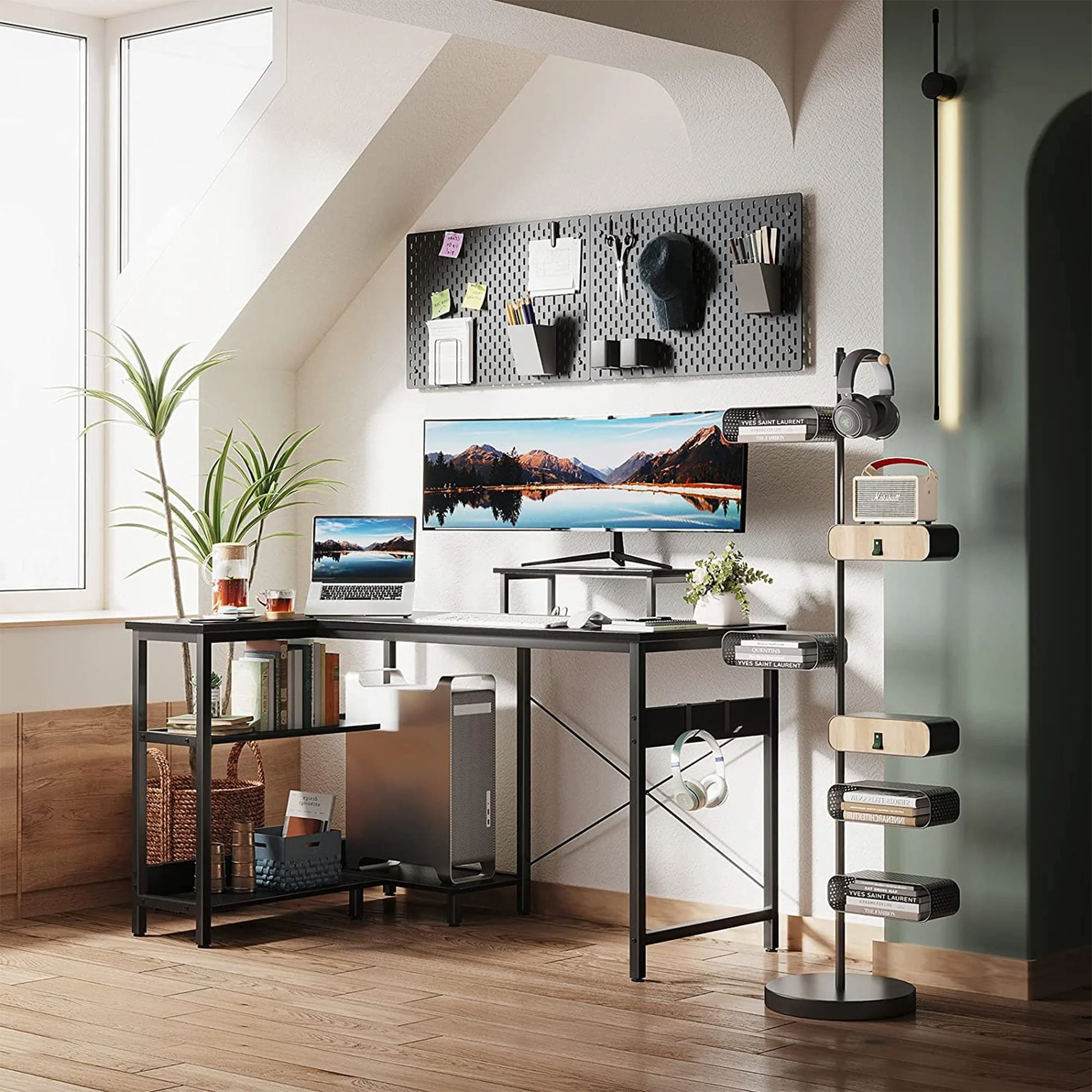 ODK 47 Inch Compact L Shaped Desk with Storage Shelves and Monitor Stand, Black - Image 7