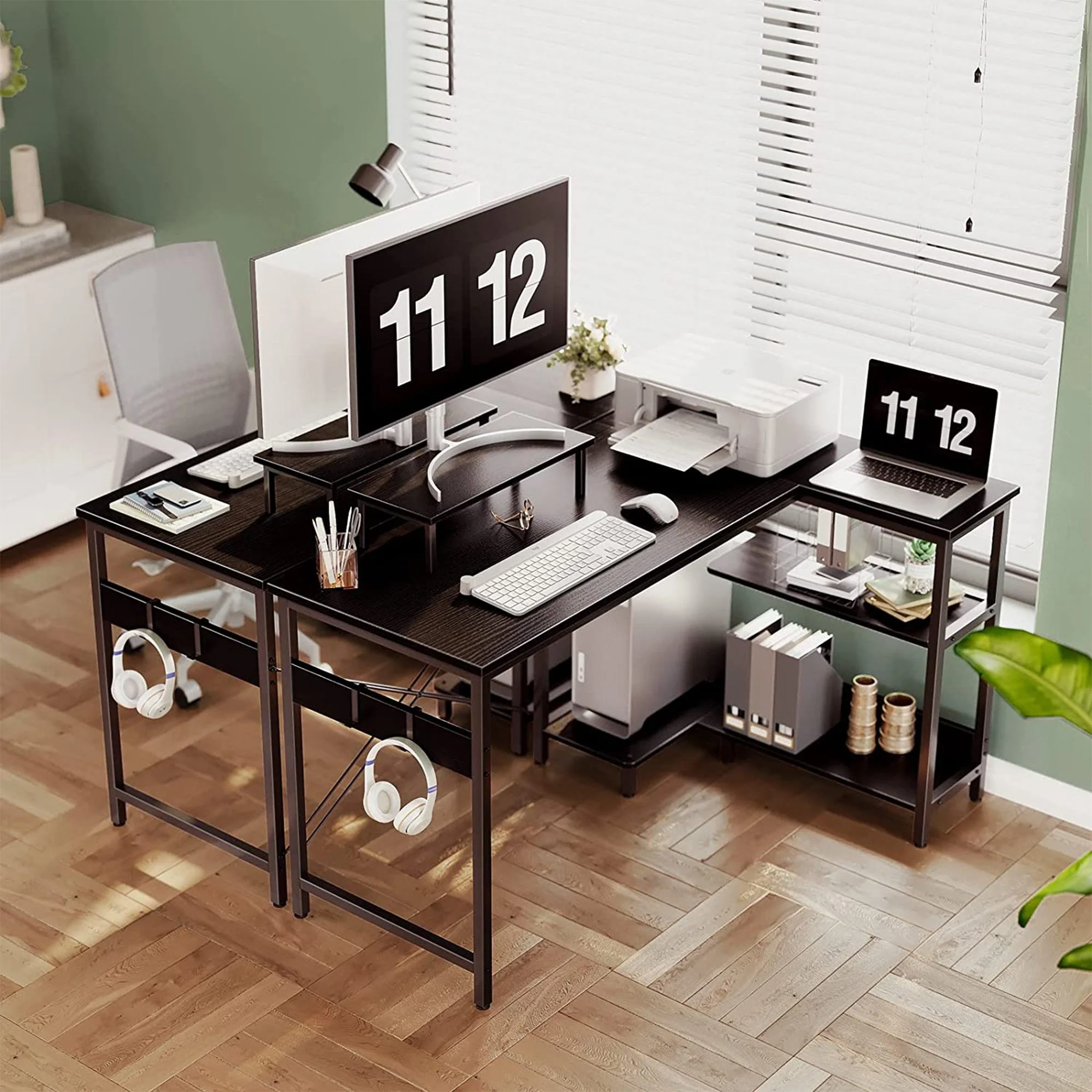 ODK 47 Inch Compact L Shaped Desk with Storage Shelves and Monitor Stand, Black - Image 8