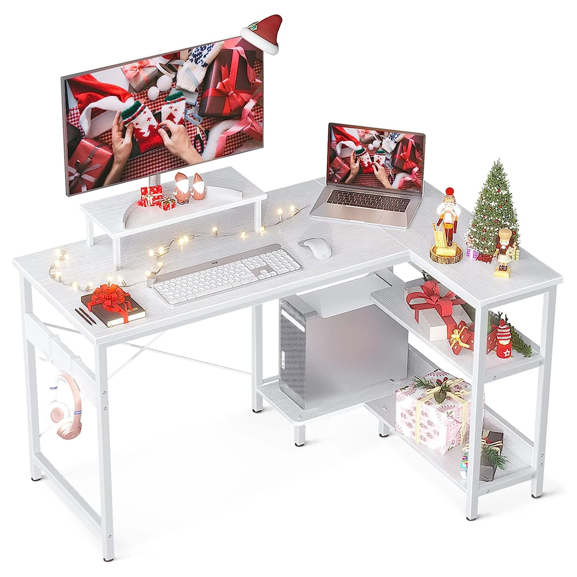 ODK 47 Inch Compact L Shaped Desk with Storage Shelves and Monitor Stand, White - Image 2