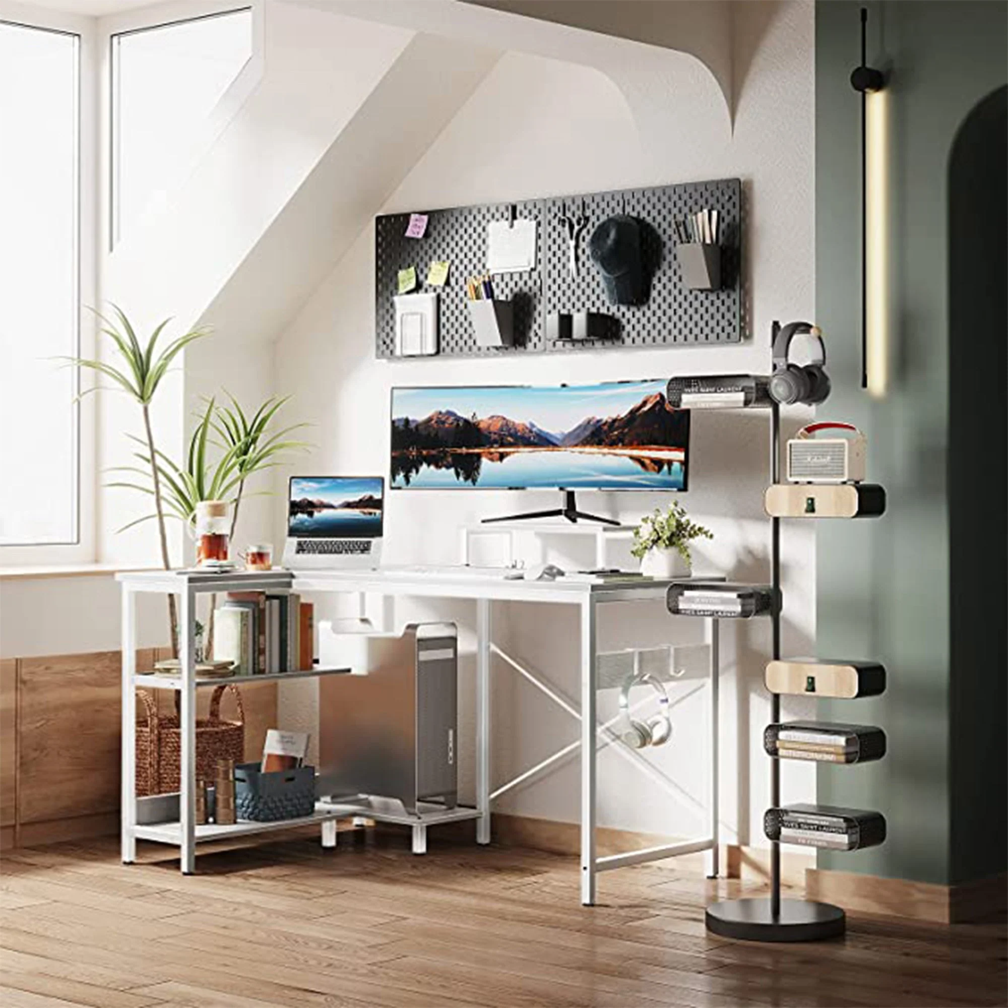 ODK 47 Inch Compact L Shaped Desk with Storage Shelves and Monitor Stand, White - Image 8