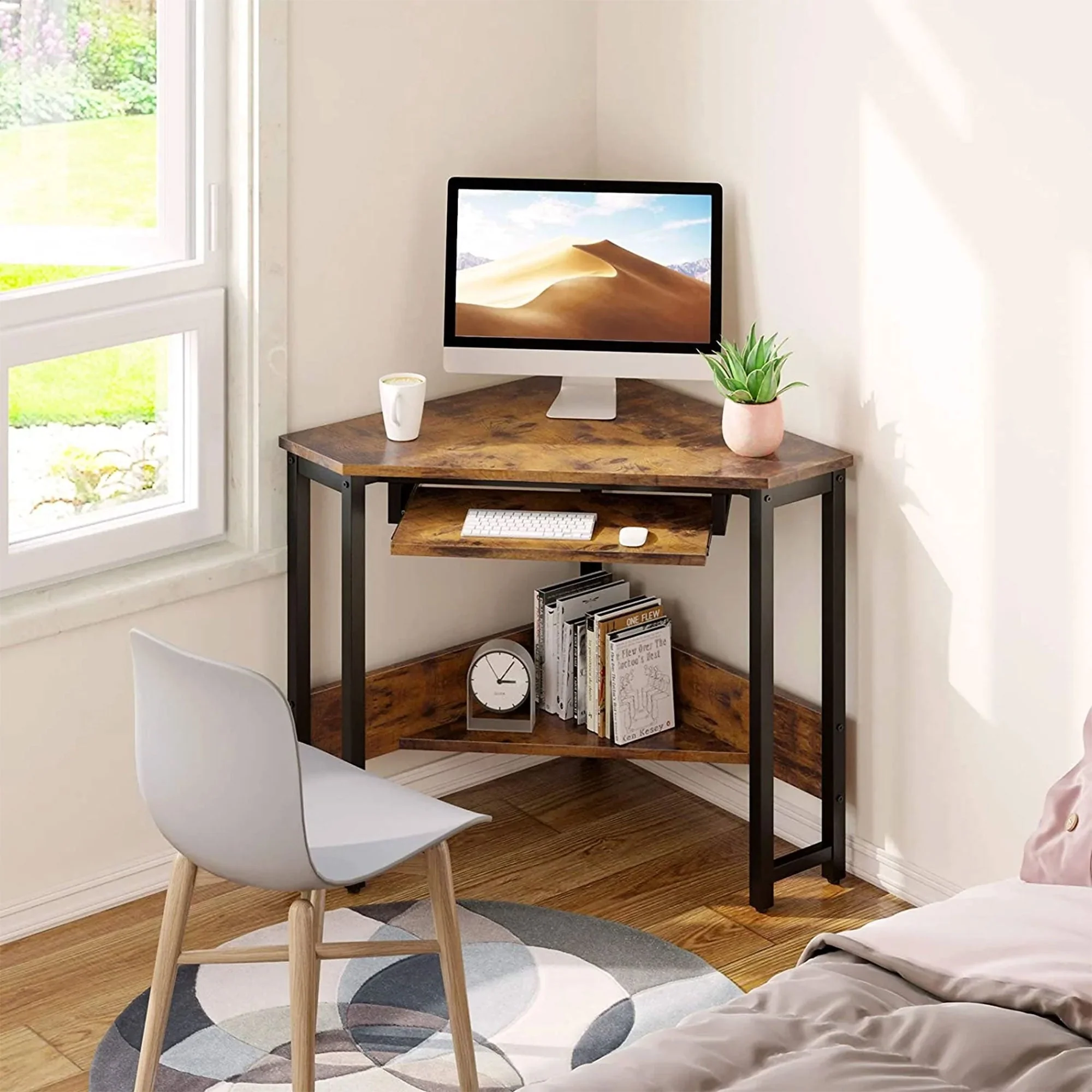 ODK Corner Triangle Computer Desk w/ Storage Space & Keyboard Tray, Rustic Brown - Image 6