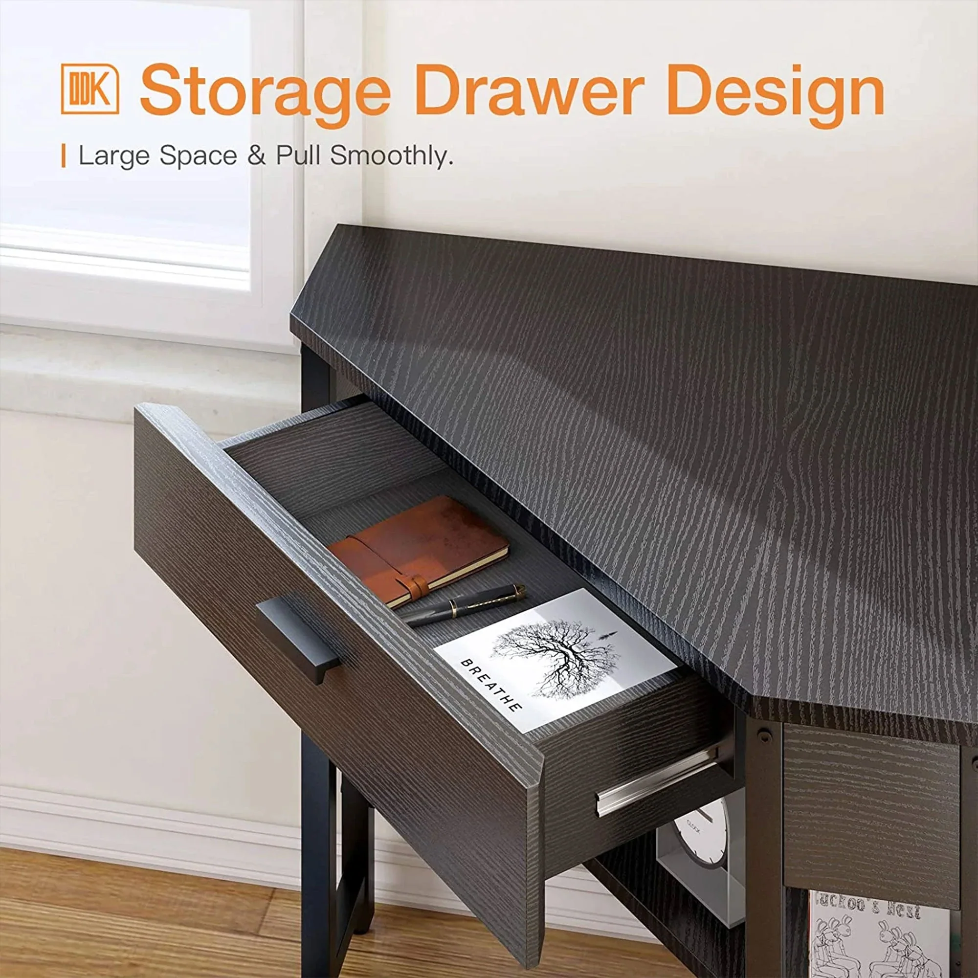 ODK Modern Triangle Corner Computer Writing Desk with Storage Drawer, Black - Image 2